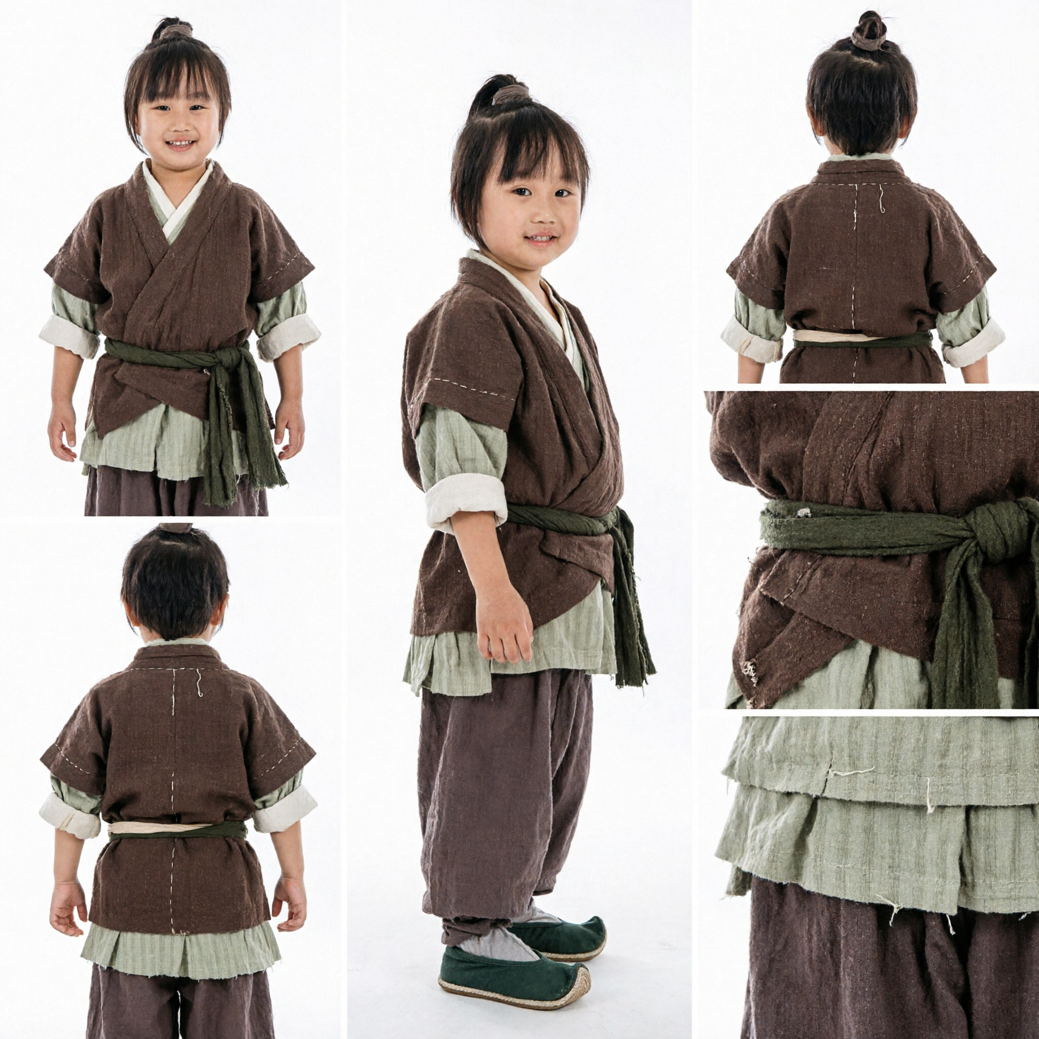 Kids Traditional Chinese Hanfu Clothing Ancient Martial Arts Costume Brown Linen Outfit for Boys and Girls