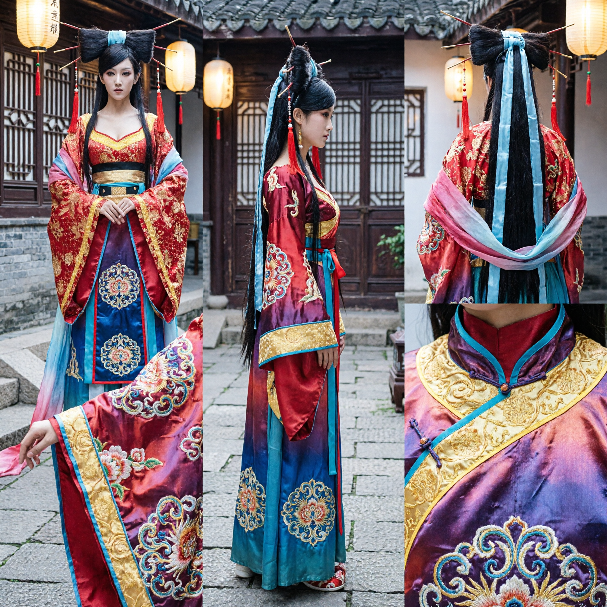 Ancient Chinese Traditional Hanfu Costume Red Fairy Dress with Hair Accessories for Women Cosplay and Stage Performance