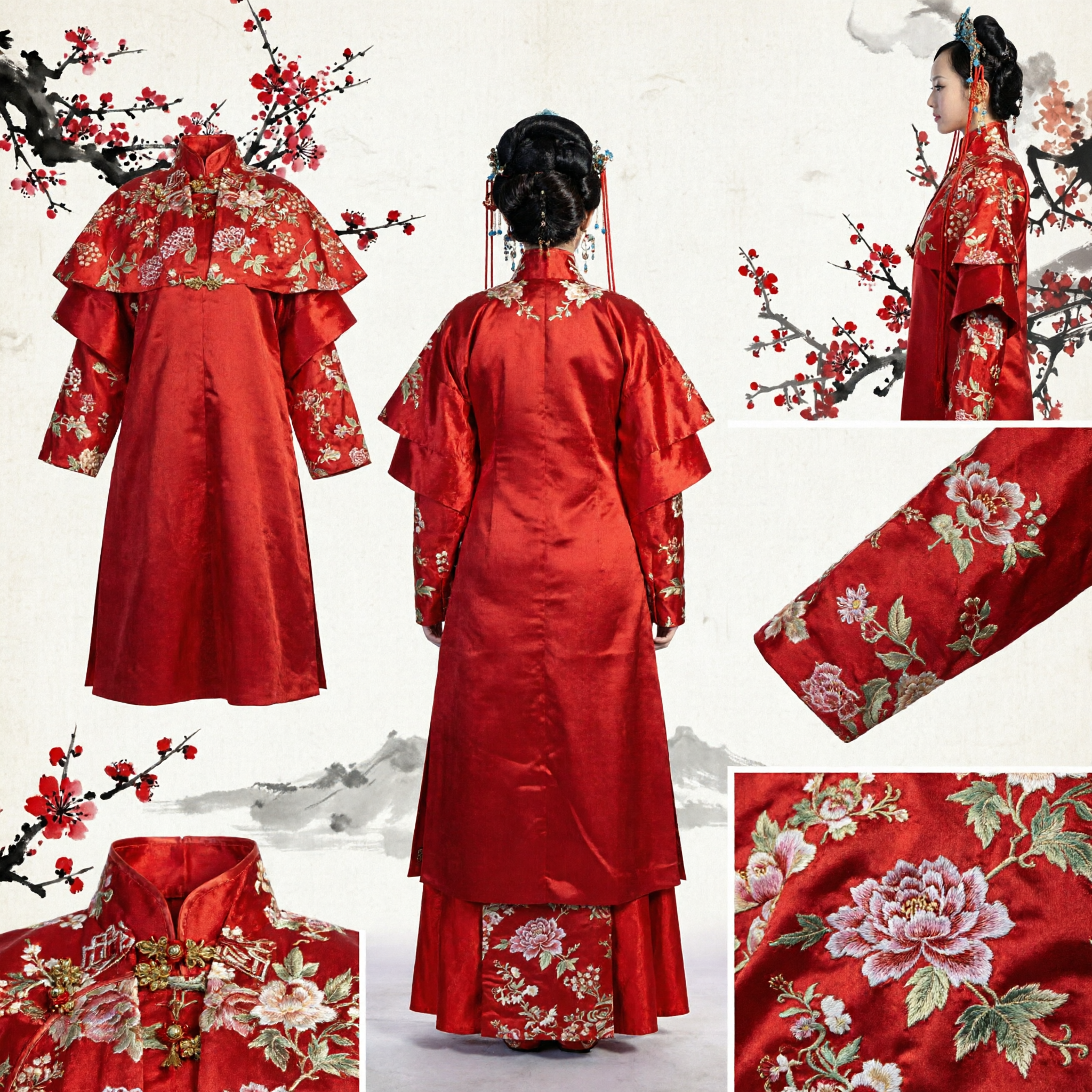 Traditional Chinese Wedding Dress Red Embroidered Qun Kwa Ancient Bride Costume with Phoenix Crown