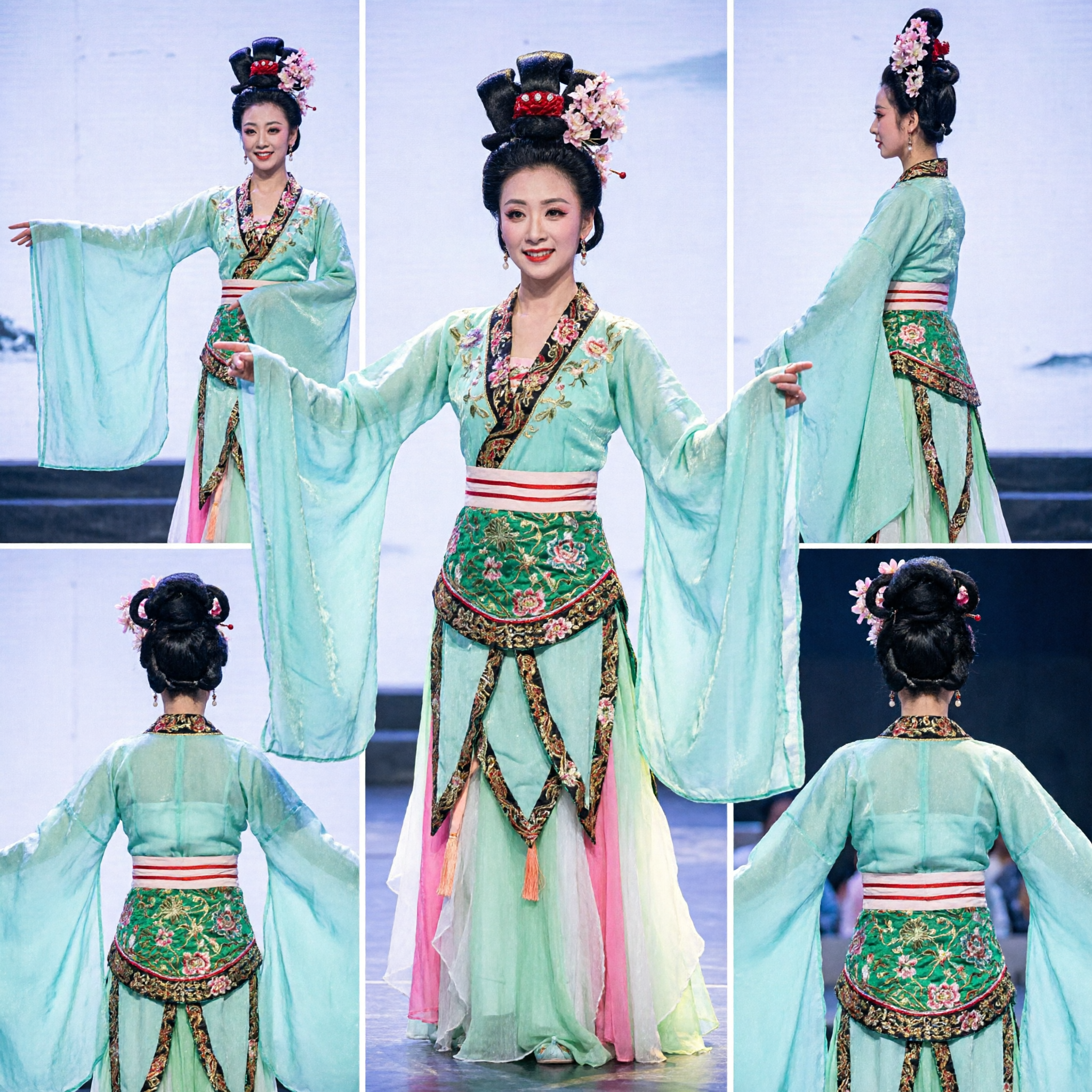 Elegant Green Chinese Classical Dance Costume with Long Water Sleeves and Floral Headpiece for Women