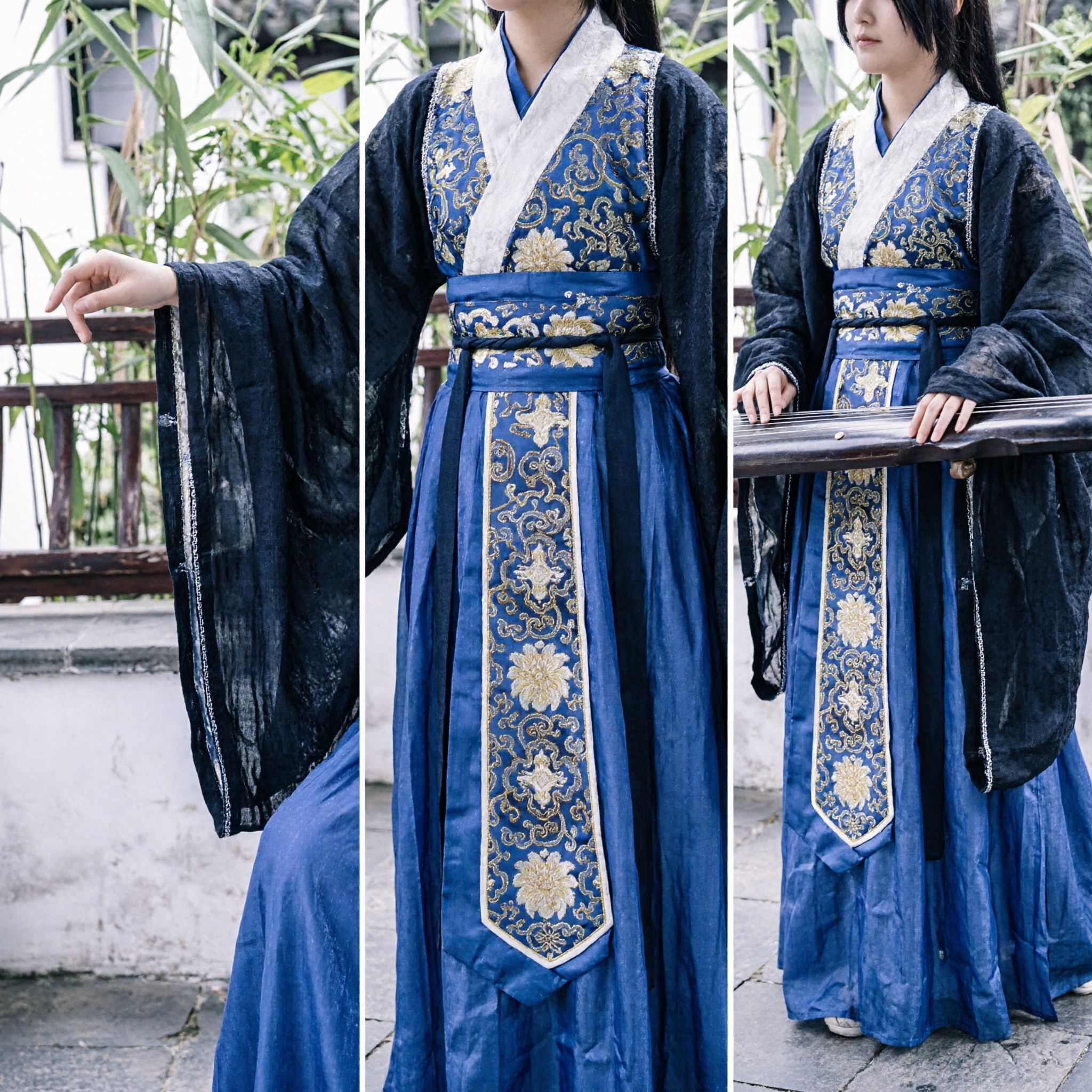 Traditional Chinese Hanfu Costume Blue and Black Wuxia Robe for Women Cosplay and Cultural Performance