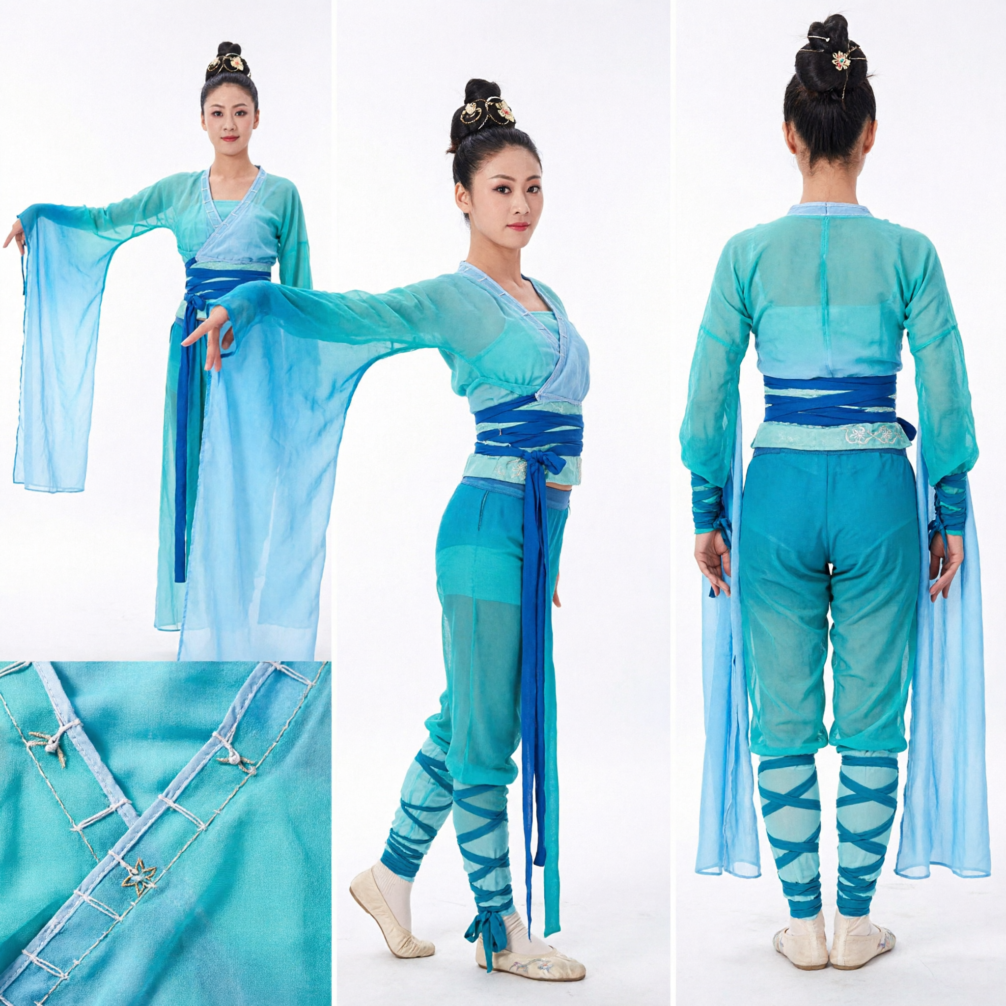 Women's Traditional Chinese Classical Dance Costume Blue Water Sleeve Ribbon Outfit for Stage Performance