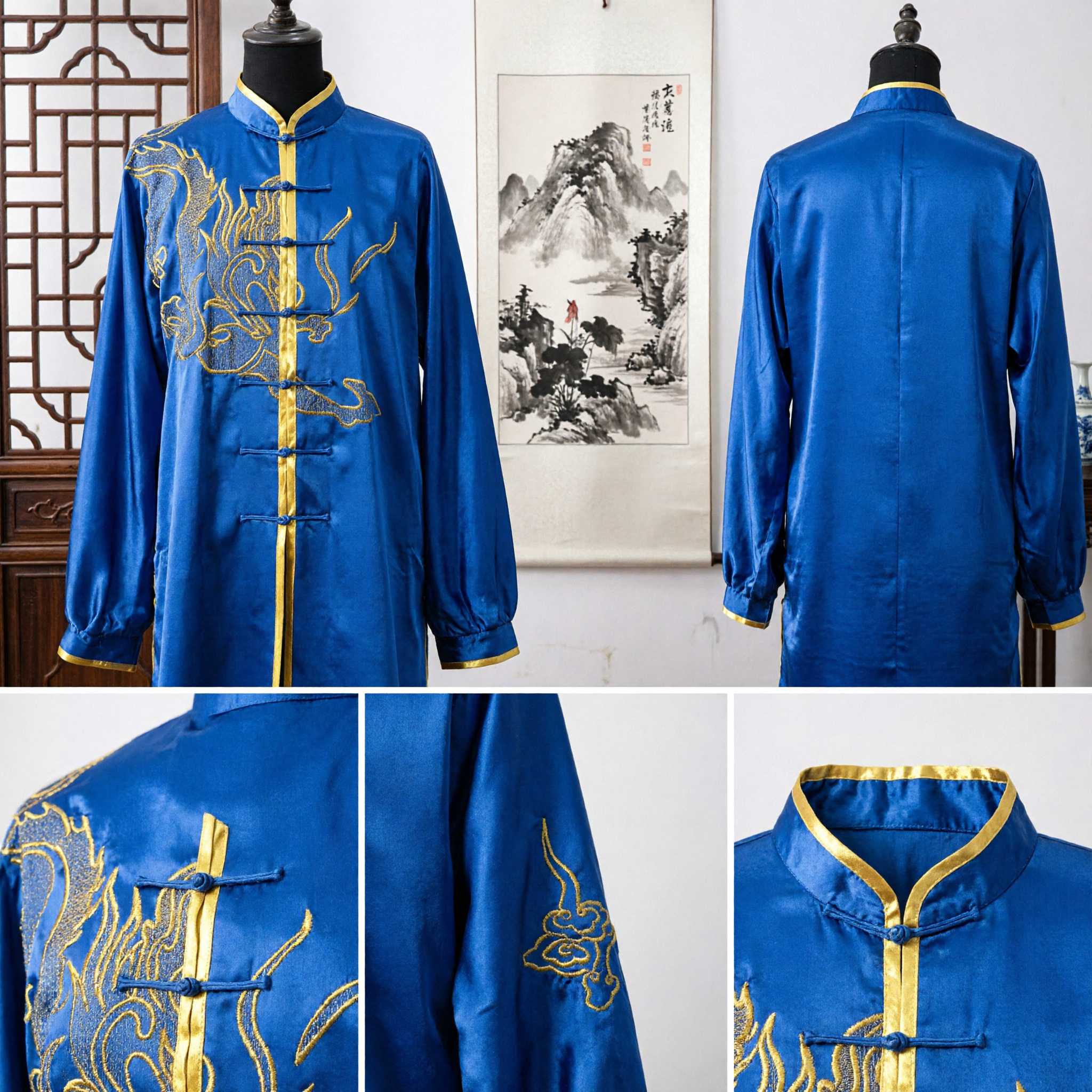 Men's Royal Blue Silk Kung Fu Uniform with Gold Dragon Embroidery Traditional Chinese Tai Chi Martial Arts Suit
