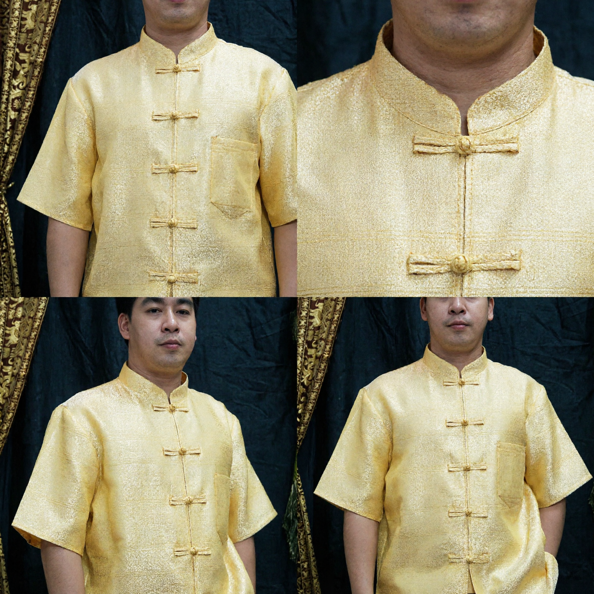 Men's Traditional Chinese Tang Suit Shirt Gold Brocade Short Sleeve Mandarin Collar Kung Fu Tai Chi Top