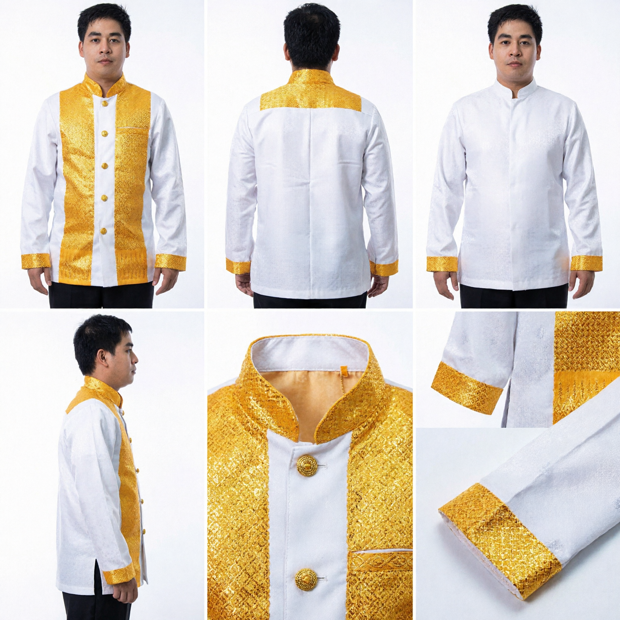 Men's Traditional Thai Raj Pattern Shirt White Gold Brocade Long Sleeve Formal Wedding Occasion Wear