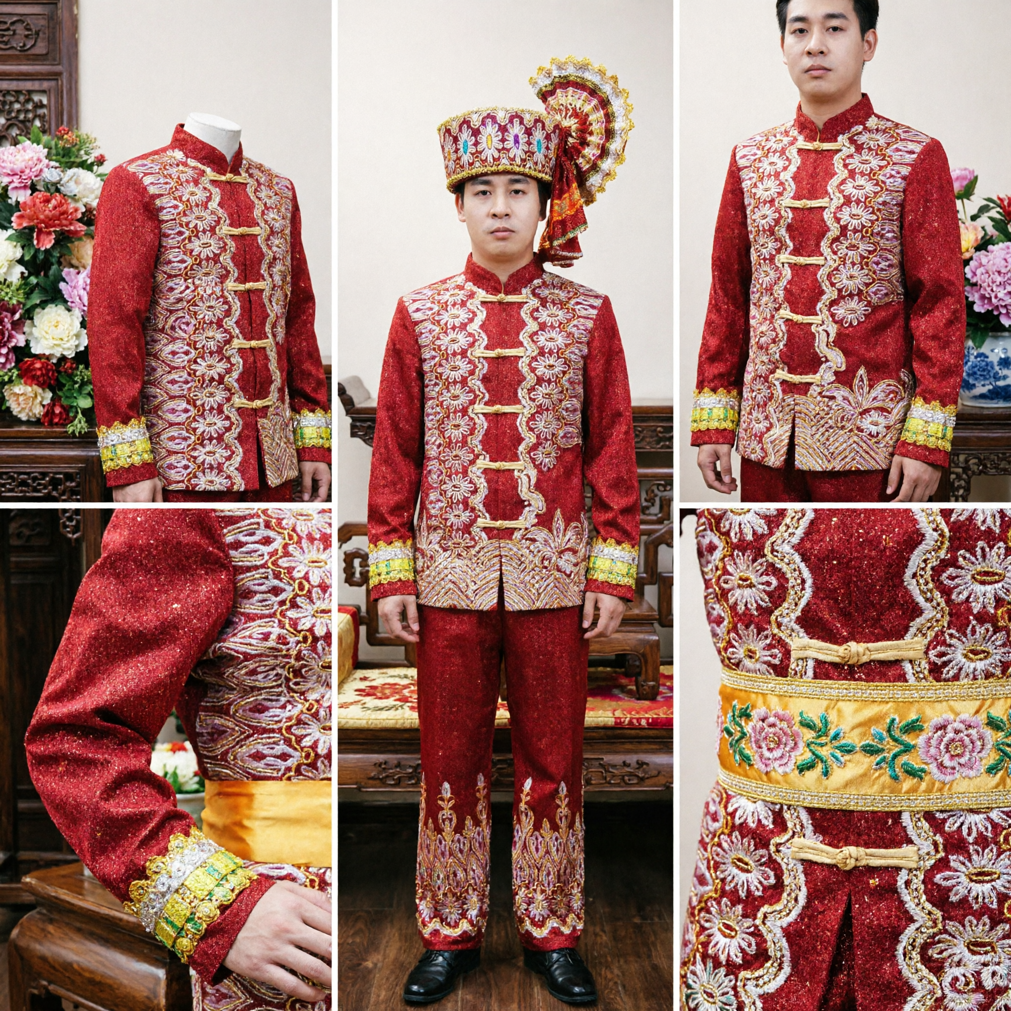 Men's Traditional Chinese Ethnic Wedding Costume Red Gold Embroidered Groom Suit and Headdress Set