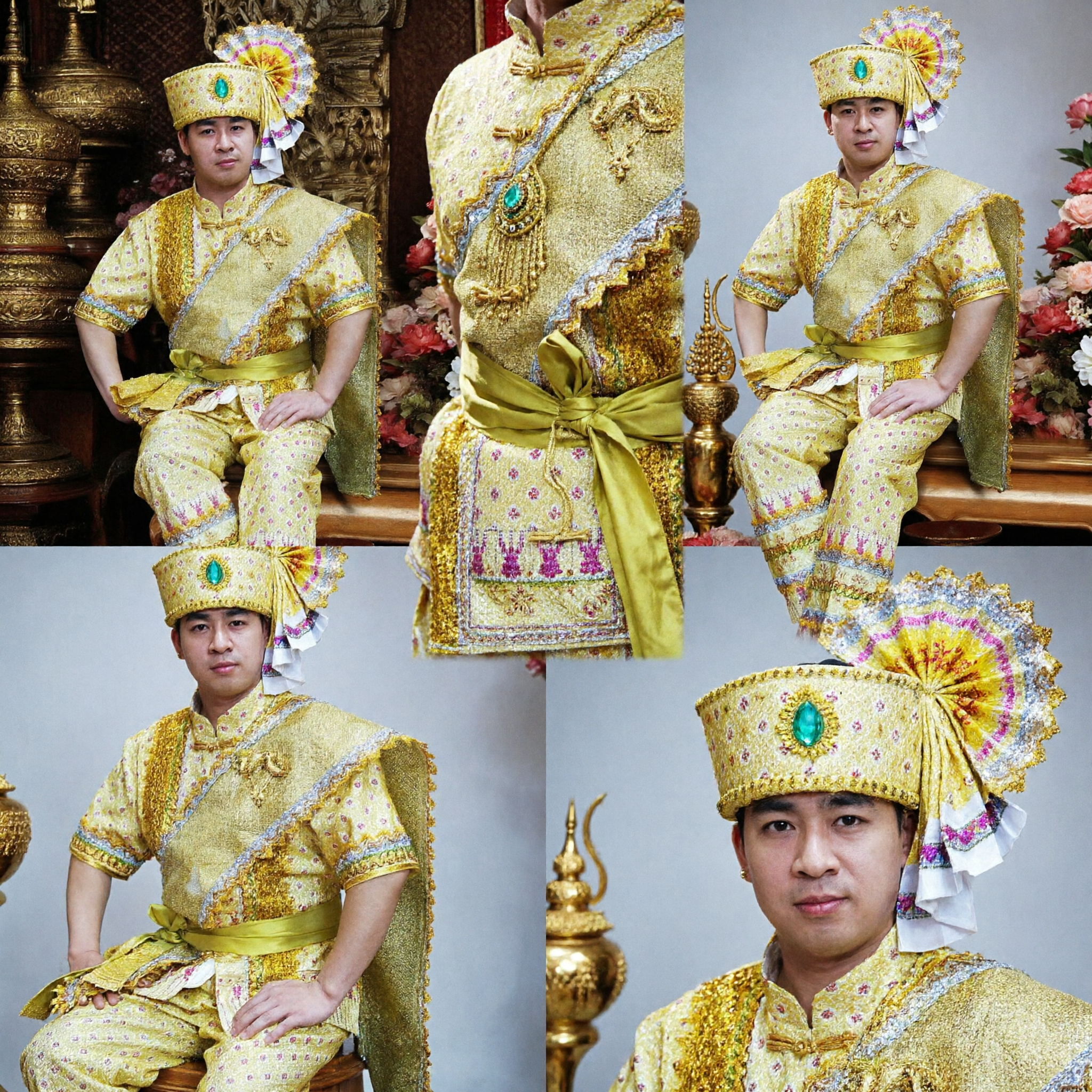 Men's Thai Traditional Royal Golden Costume Complete Set with Headpiece for Ceremonial Dance