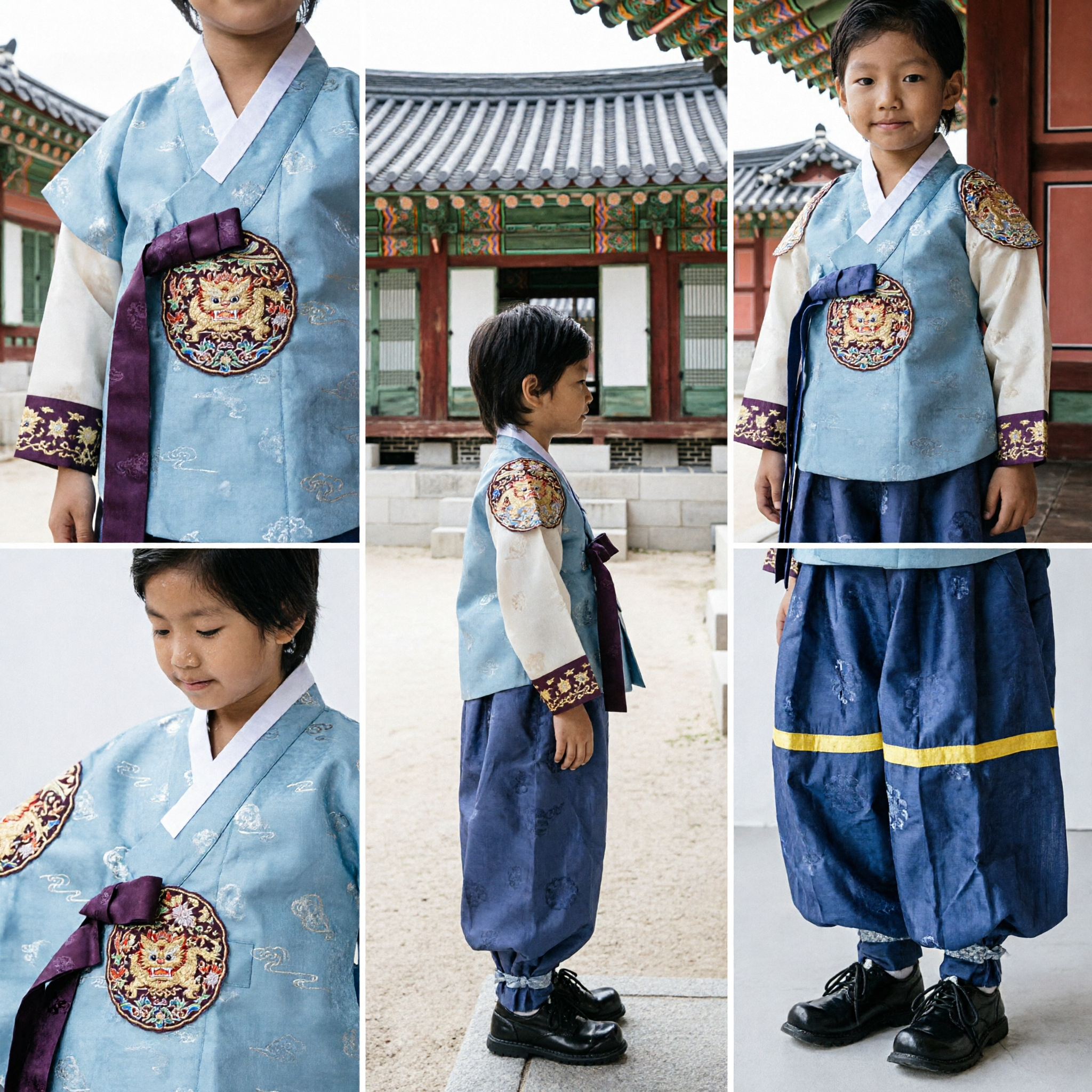 Traditional Korean Hanbok for Boys Blue and Silver Jeogori and Baji Set for Kids Wedding