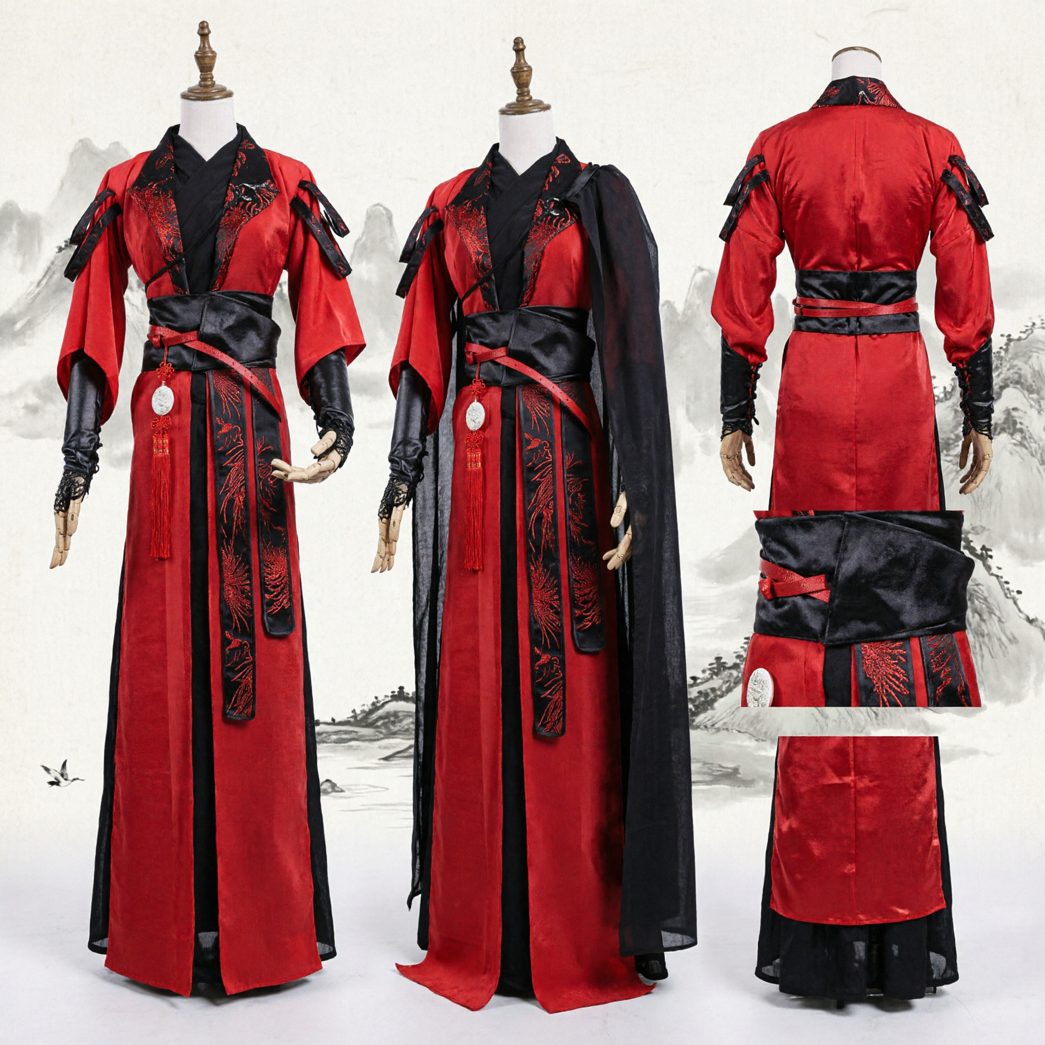 Traditional Chinese Hanfu Red Black Robe Ancient Swordsman Cosplay Costume Wuxia Martial Arts Clothing for Adults