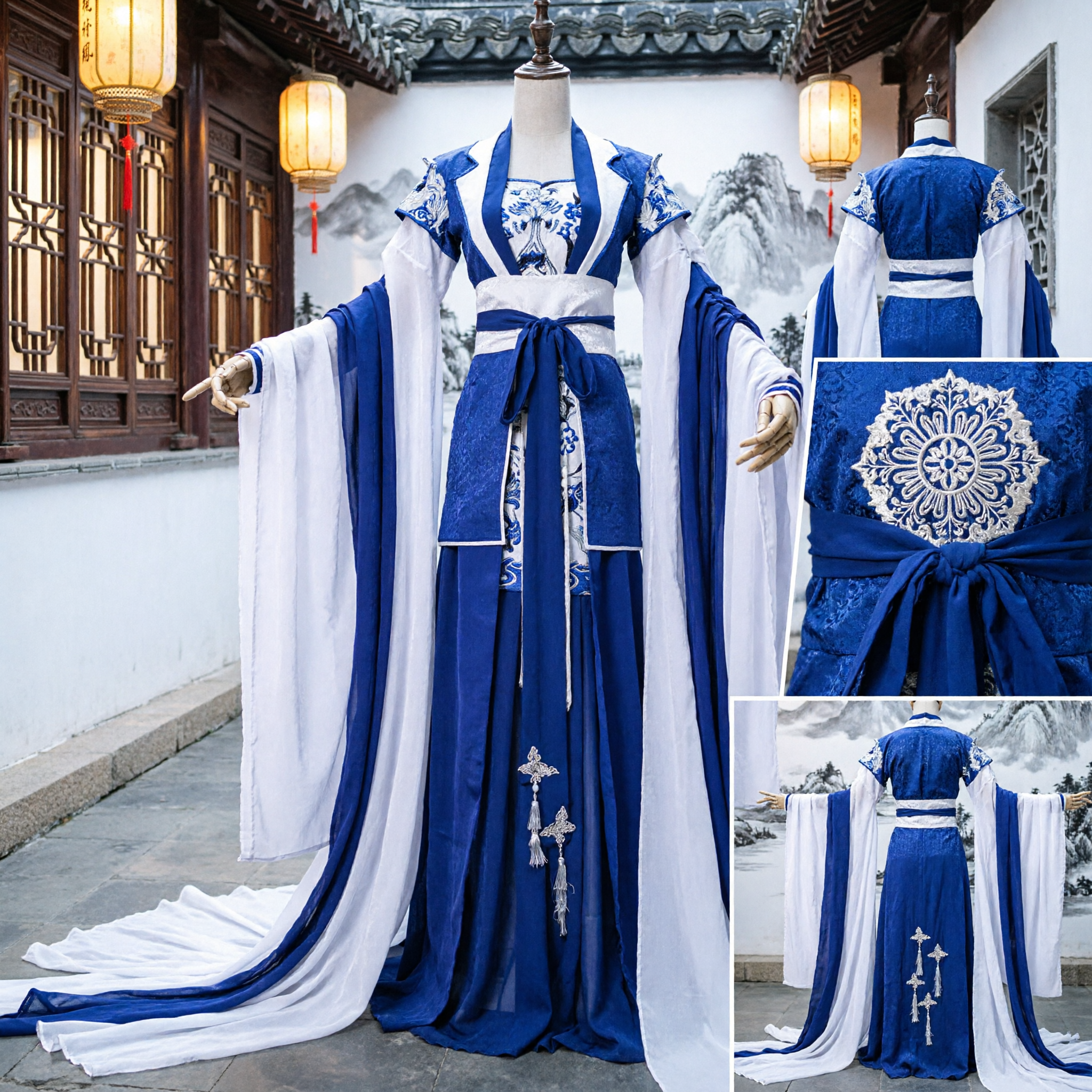 Traditional Chinese Hanfu Ancient Costume Blue and White Embroidered Robe for Men Wuxia Cosplay
