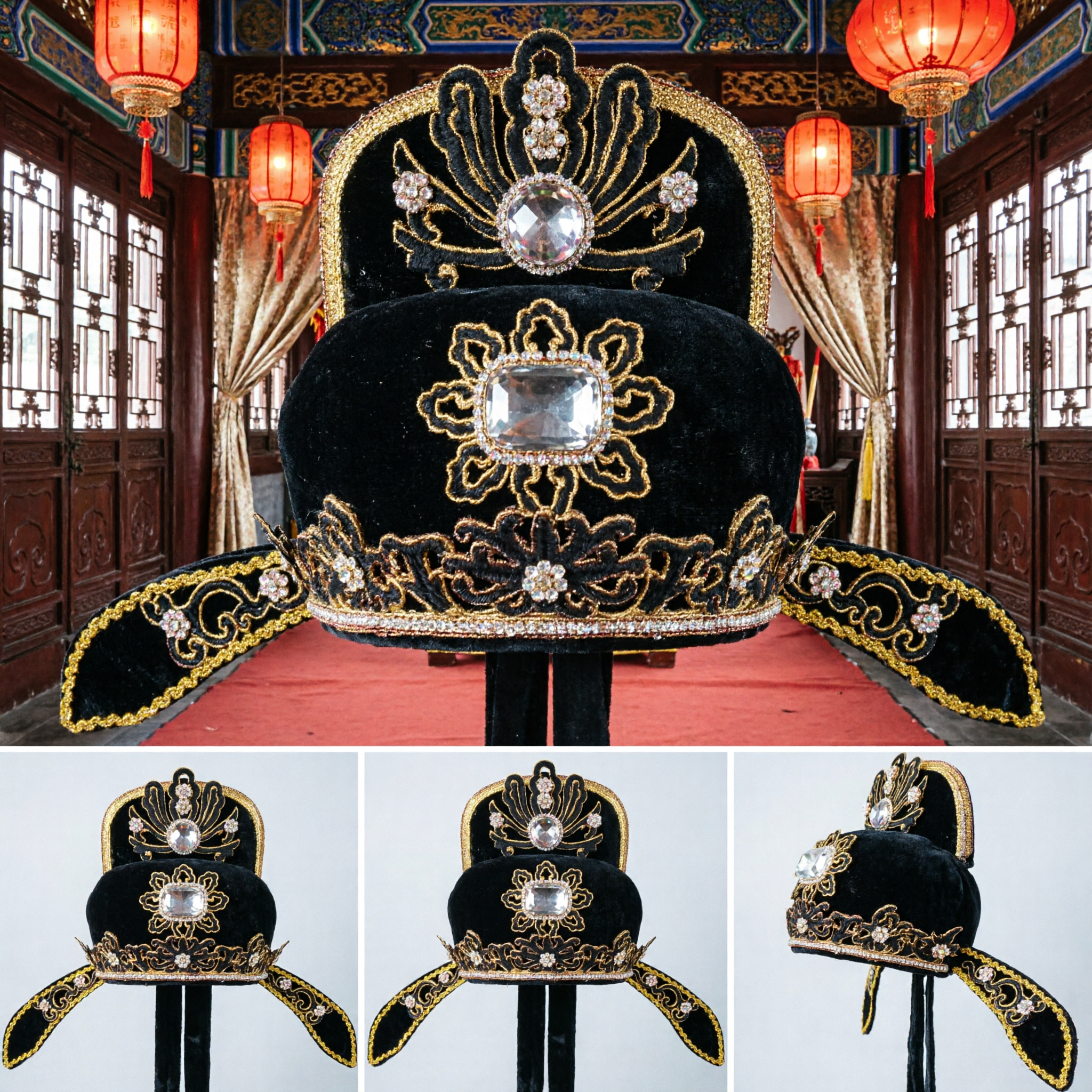 Traditional Chinese Peking Opera Black Velvet Official Hat with Gold Embroidery and Rhinestones for Stage Performance