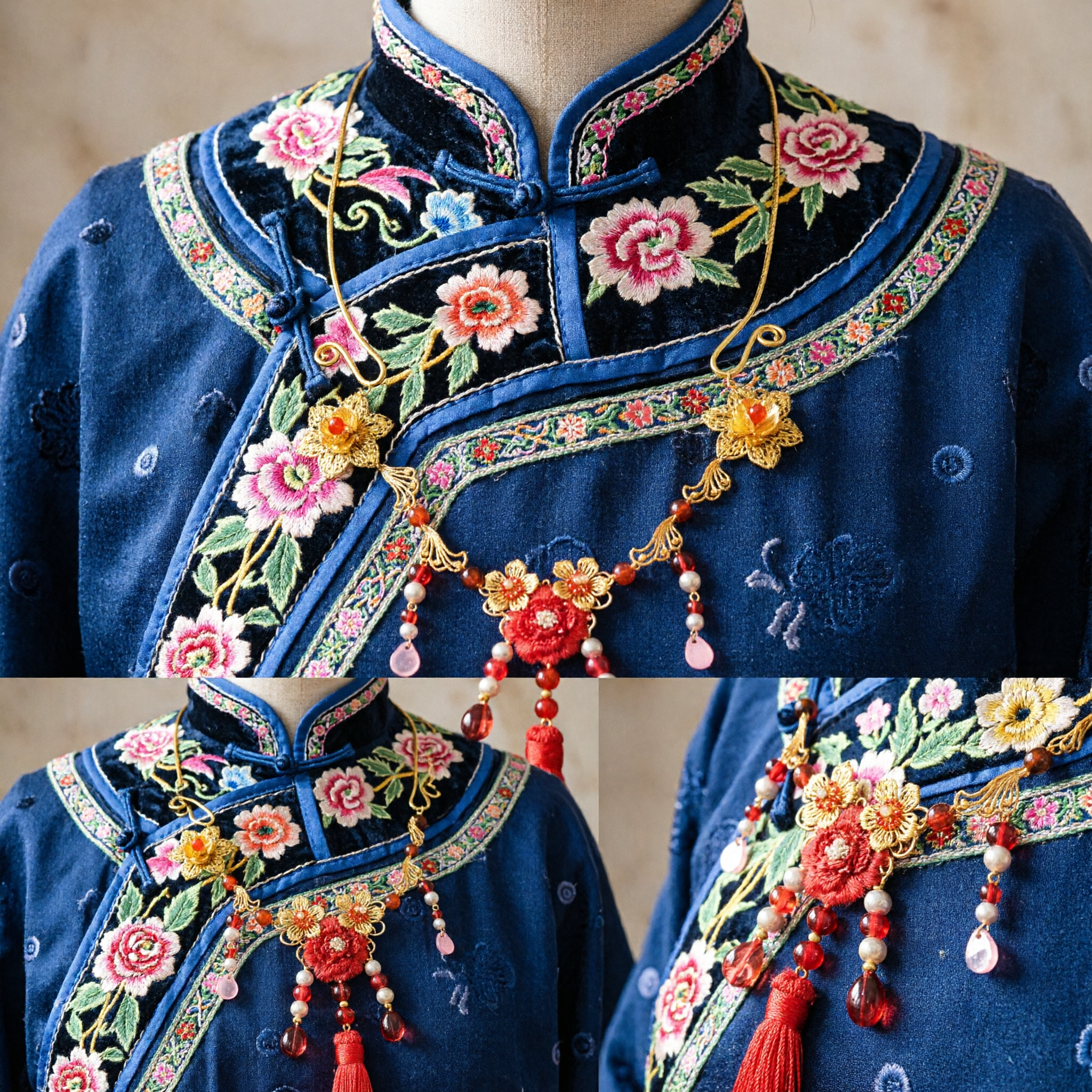 Traditional Chinese Hanfu Hair Accessory Gold Flower Headpiece with Red Tassel for Wedding Bride Ancient Style