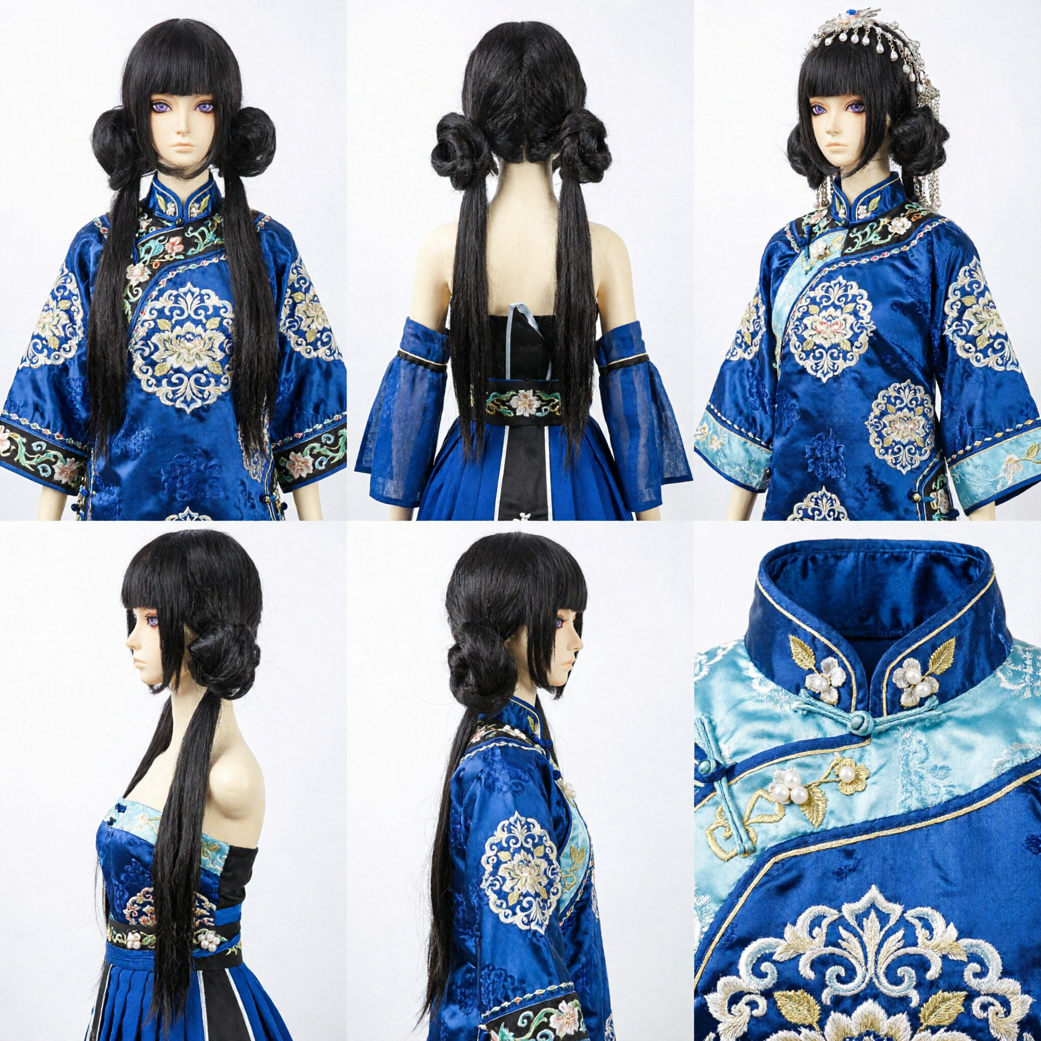 Long Black Wig with Double Side Buns for Chinese Traditional Hanfu Cosplay Ancient Princess Costume