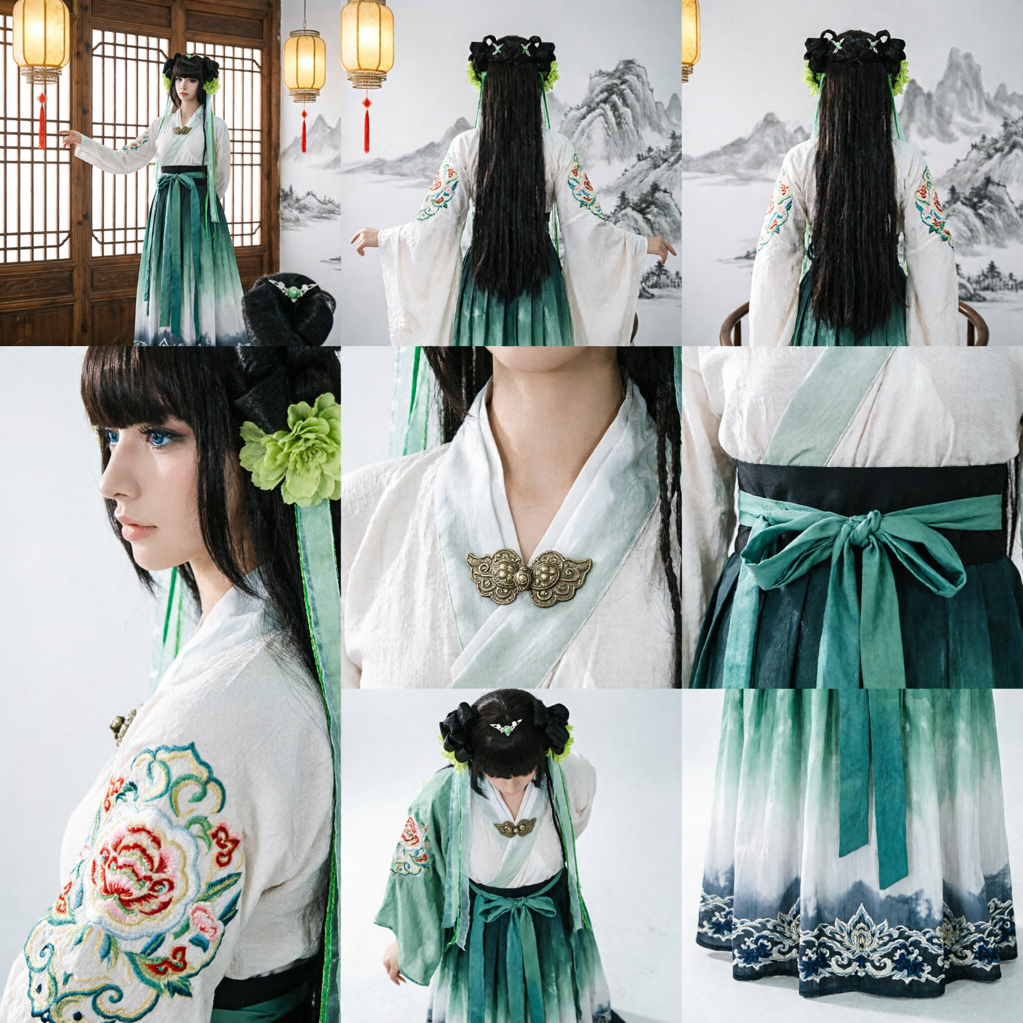 Ancient Chinese Style Wig with Green Floral Accessories and Long Black Hair for Hanfu Cosplay