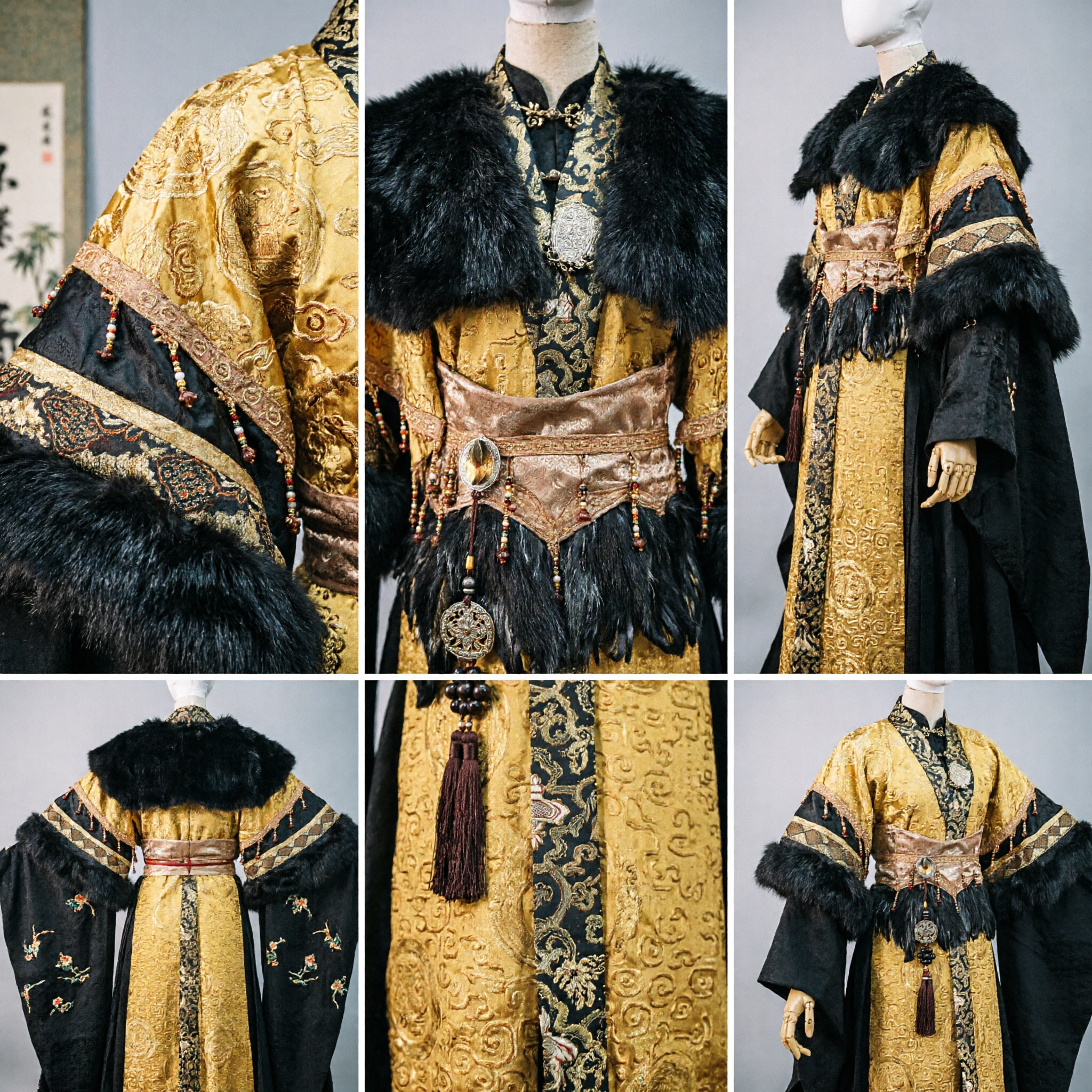 Men's Ancient Chinese Royal Emperor Hanfu Costume Black Fur Cloak Gold Brocade Robe Historical Cosplay Outfit