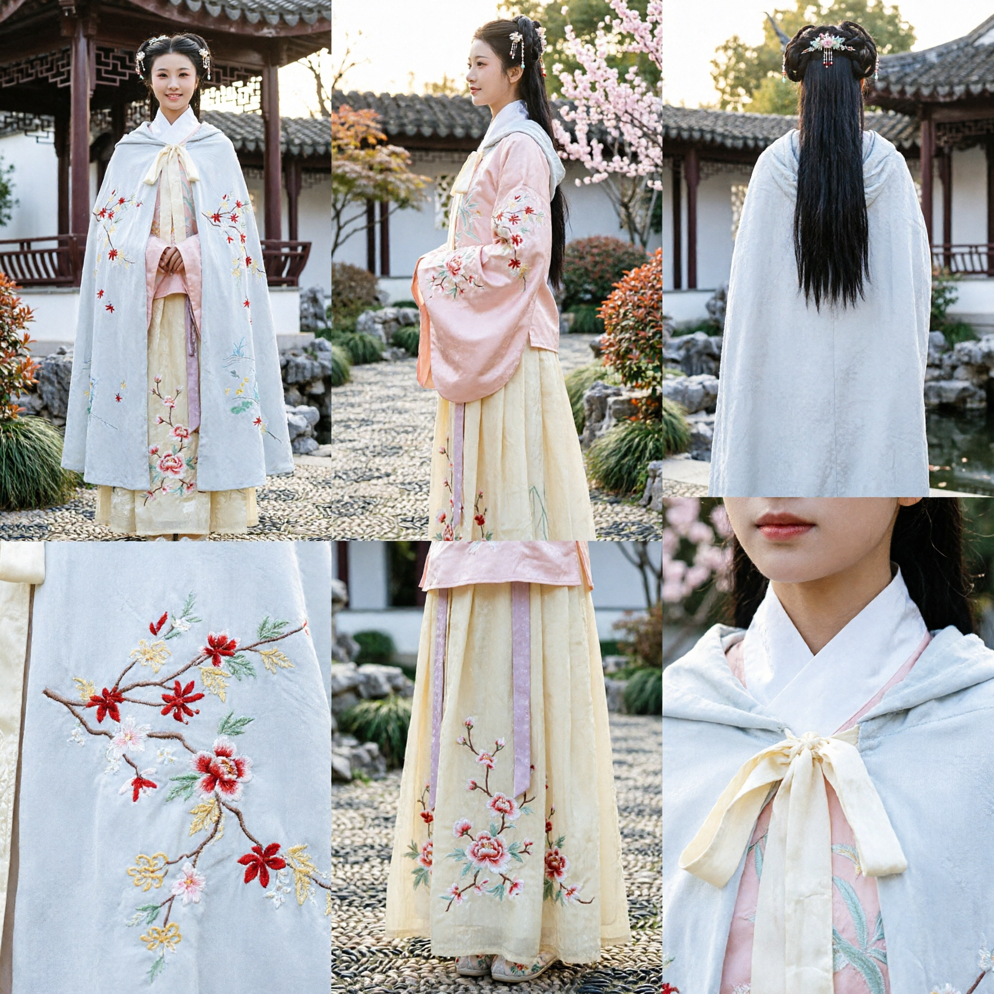 Traditional Chinese Hanfu Costume for Women featuring White Floral Embroidered Cape and Pink Dress for Historical Cosplay