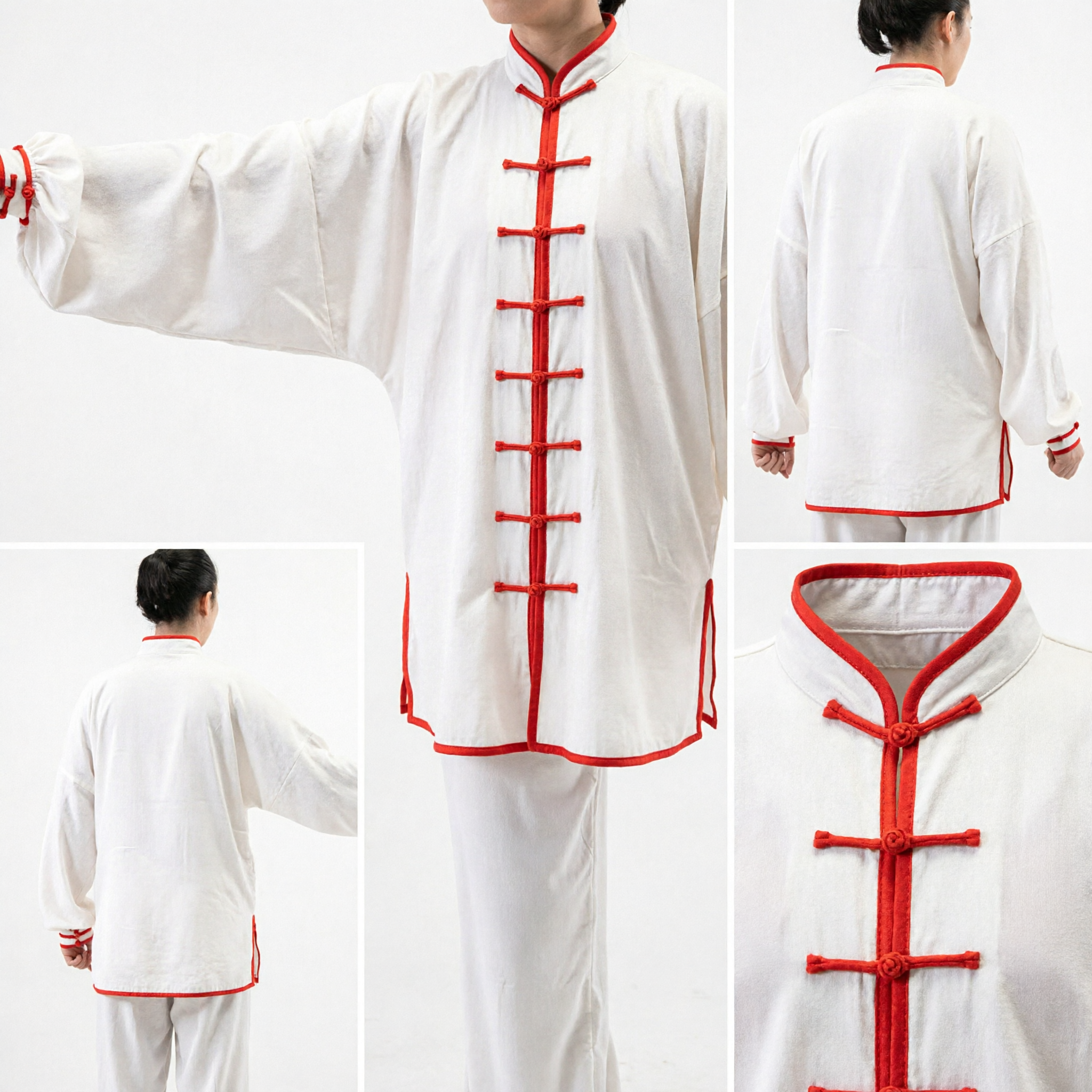 Women's White Tai Chi Uniform with Red Trim Traditional Chinese Kung Fu Suit for Martial Arts Training