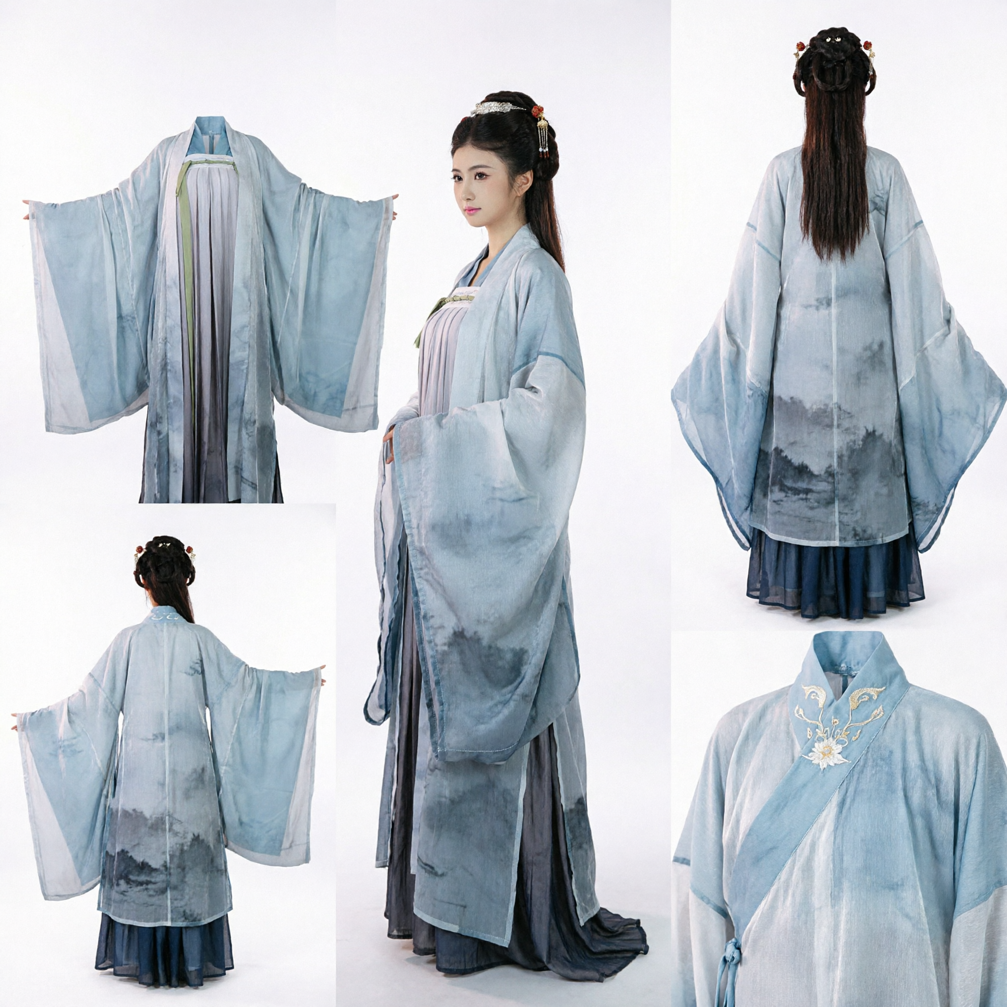 Ancient Chinese Hanfu Costume Women Traditional Blue and White Robe Fairy Dress for Cosplay Stage Performance