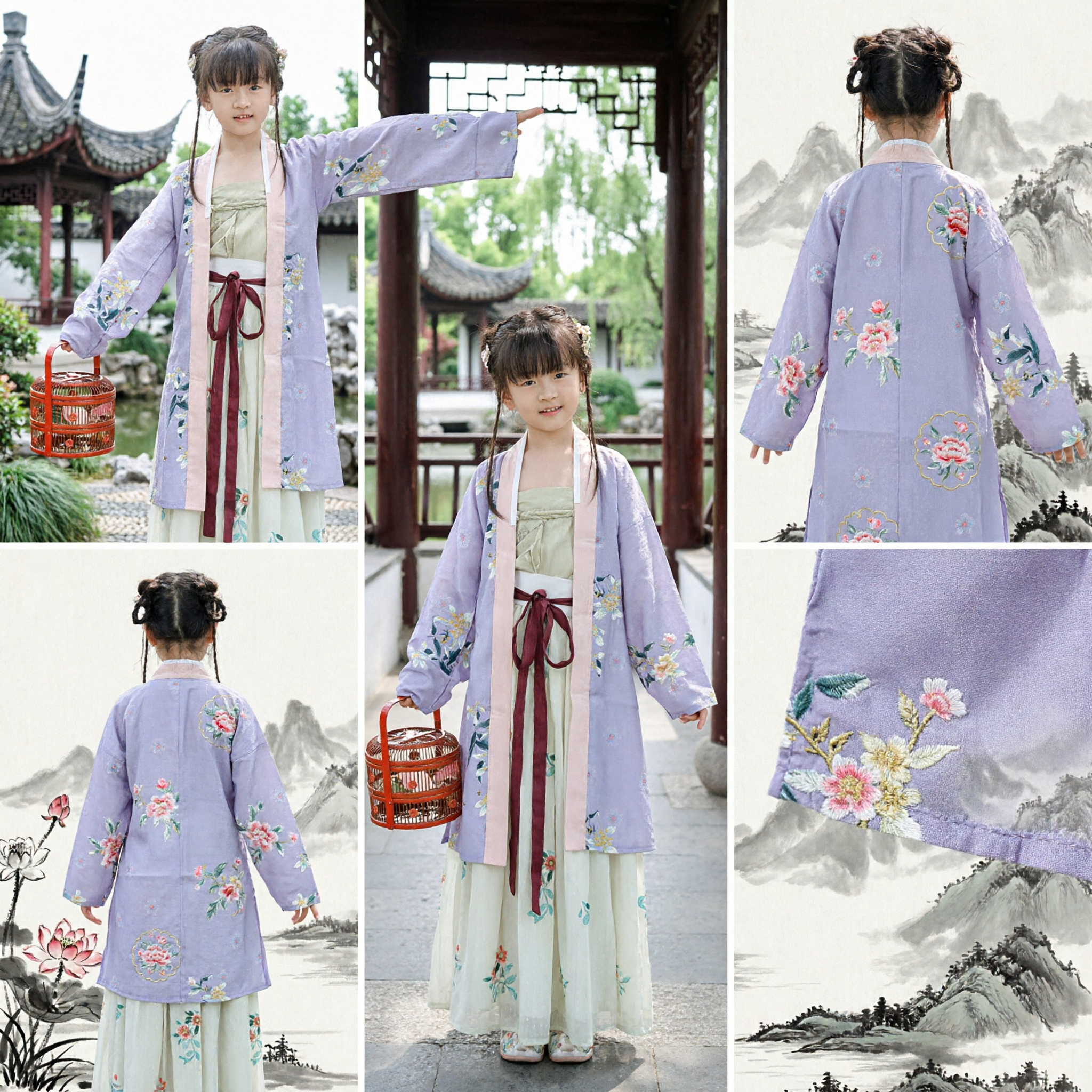 Traditional Chinese Hanfu for Girls Kids Ancient Embroidered Purple Robe and Green Dress Costume Set