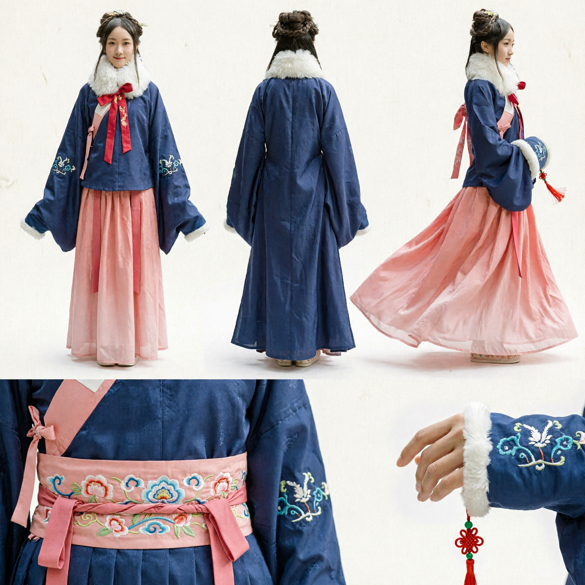 Traditional Chinese Ming Dynasty Hanfu for Women Winter Blue Fur Collar Jacket and Pink Skirt Ancient Costume Set