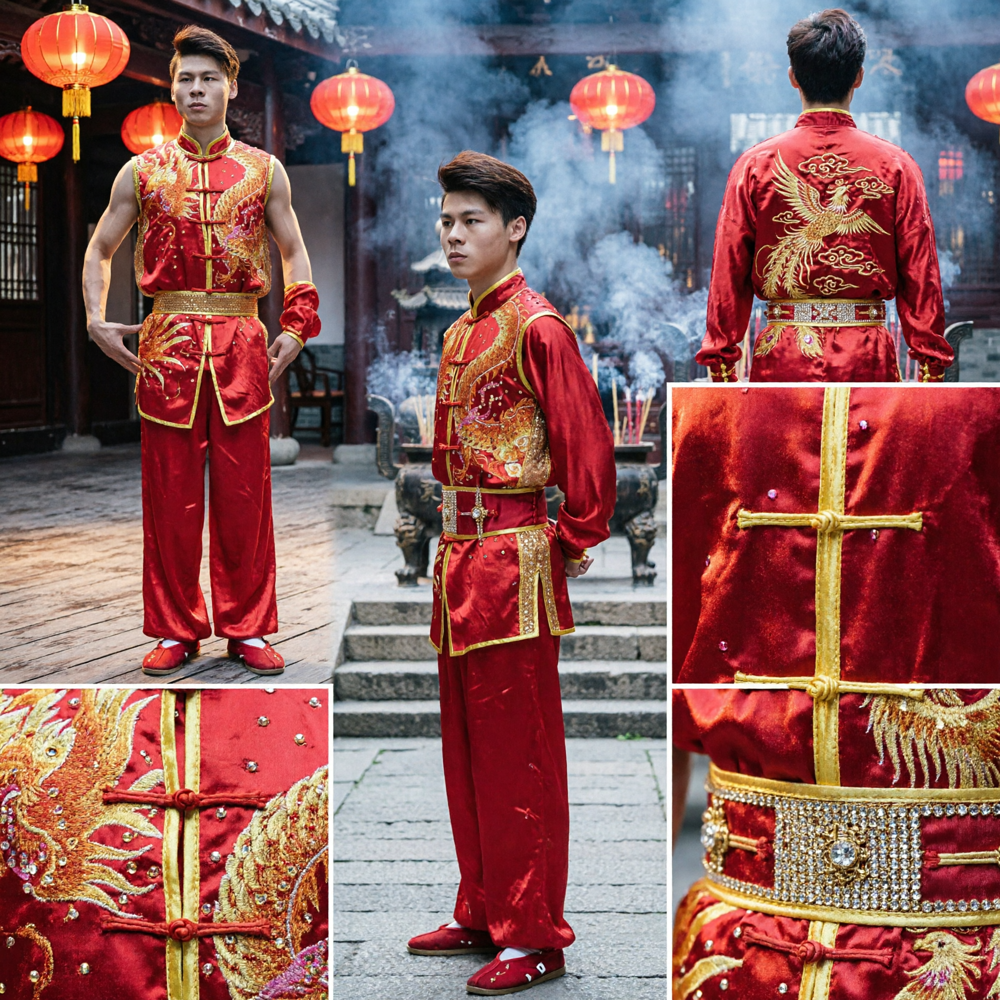 Men's Red Dragon Embroidery Sleeveless Kung Fu Top Traditional Chinese Martial Arts Wushu Performance Costume
