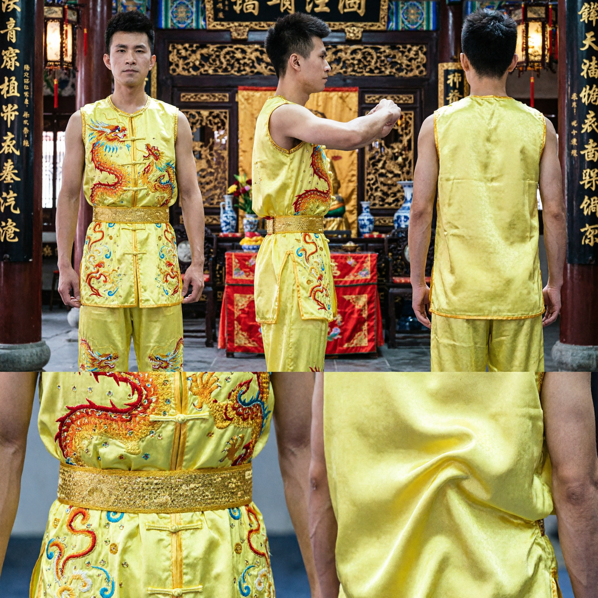 Men's Yellow Sleeveless Dragon Embroidered Kung Fu Uniform Traditional Wushu Martial Arts Competition Costume Set