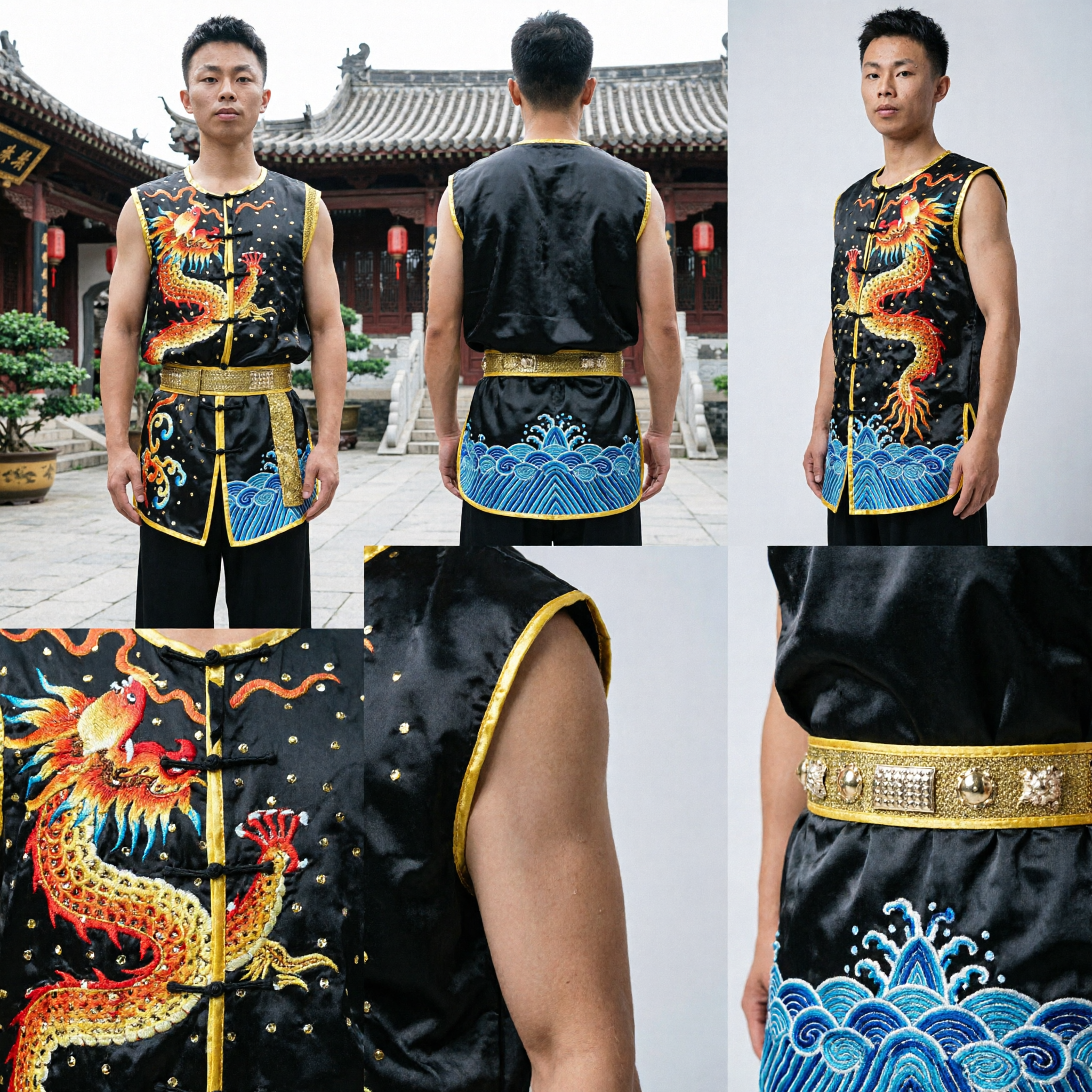 Men's Sleeveless Dragon Embroidery Kung Fu Uniform Traditional Chinese Wushu Martial Arts Competition Vest