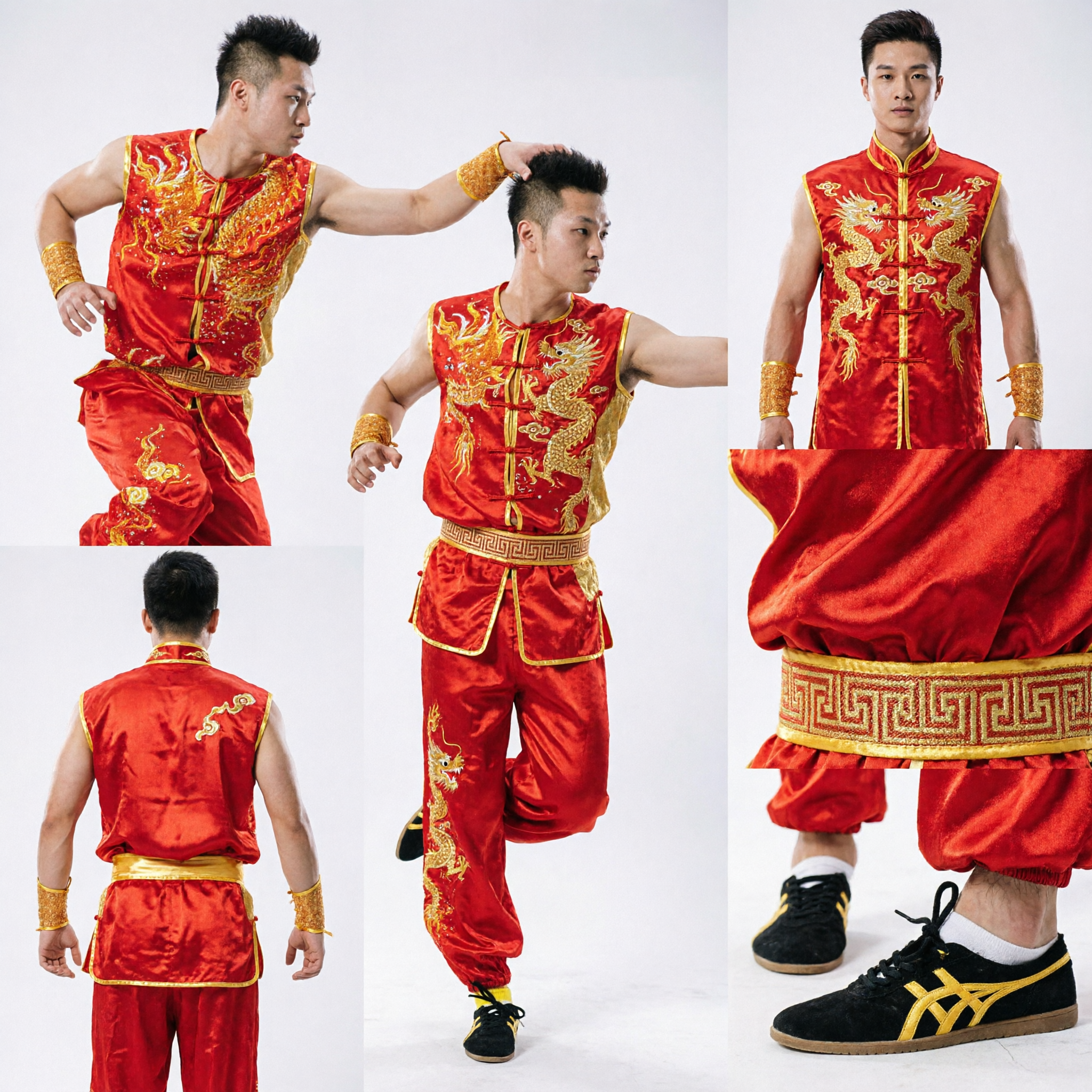 Professional Men's Red Wushu Kung Fu Uniform with Gold Dragon Embroidery for Martial Arts Competition Performance