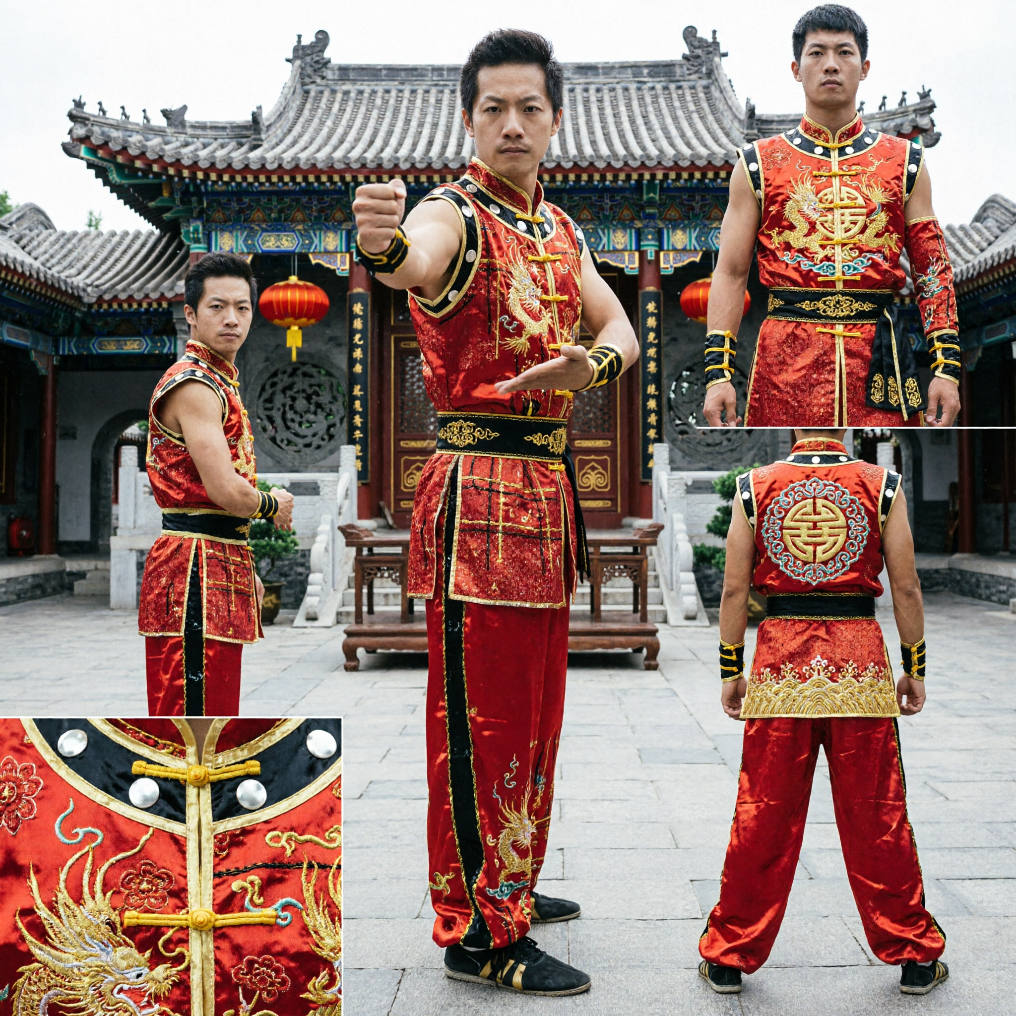 Men's Red Gold Plaid Wushu Uniform Kung Fu Martial Arts Competition Performance Costume Traditional Chinese Outfit