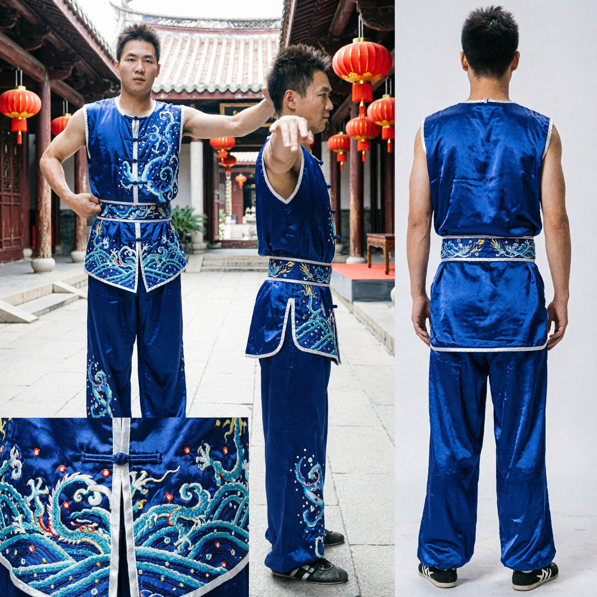 Men's Blue Dragon Embroidery Wushu Uniform Sleeveless Kung Fu Suit for Martial Arts Competition Training