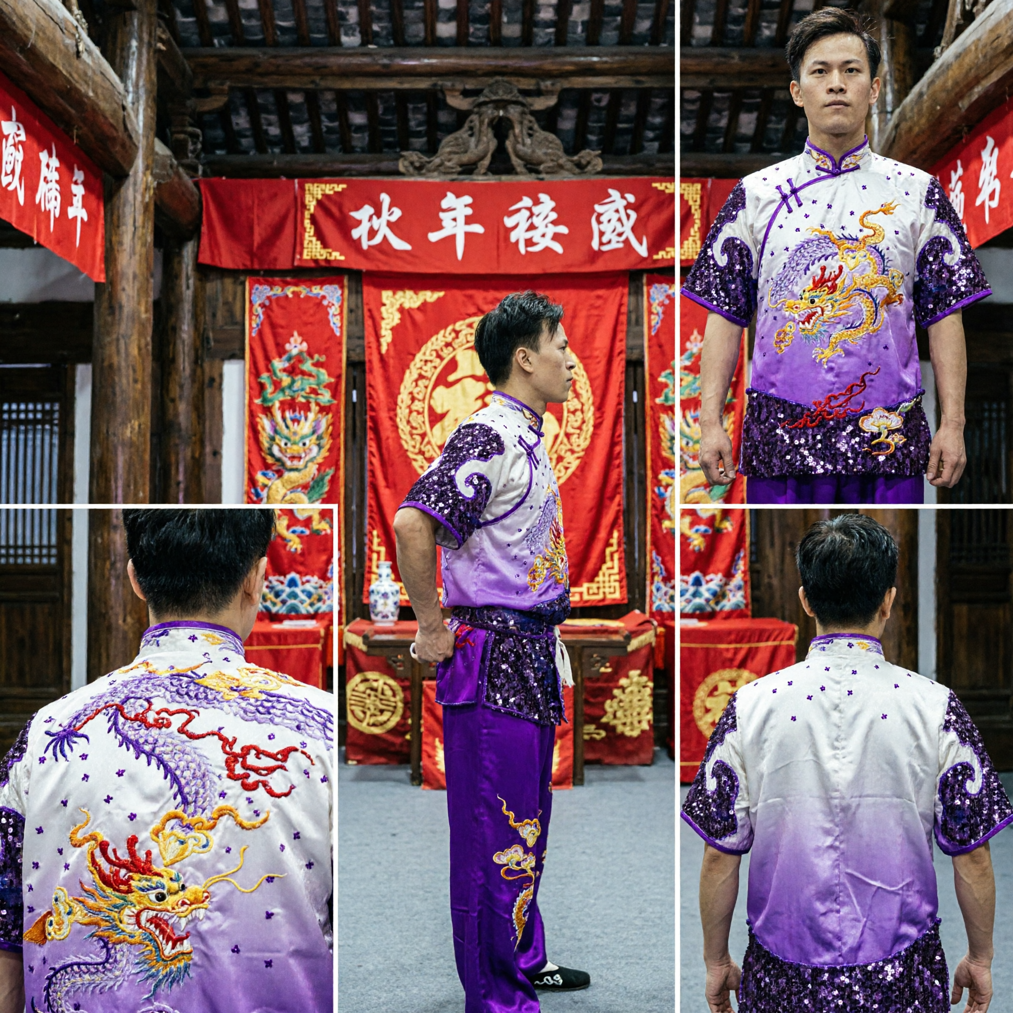 Men's Purple Wushu Competition Uniform with Dragon Embroidery and Sequins for Kung Fu Tai Chi Performance