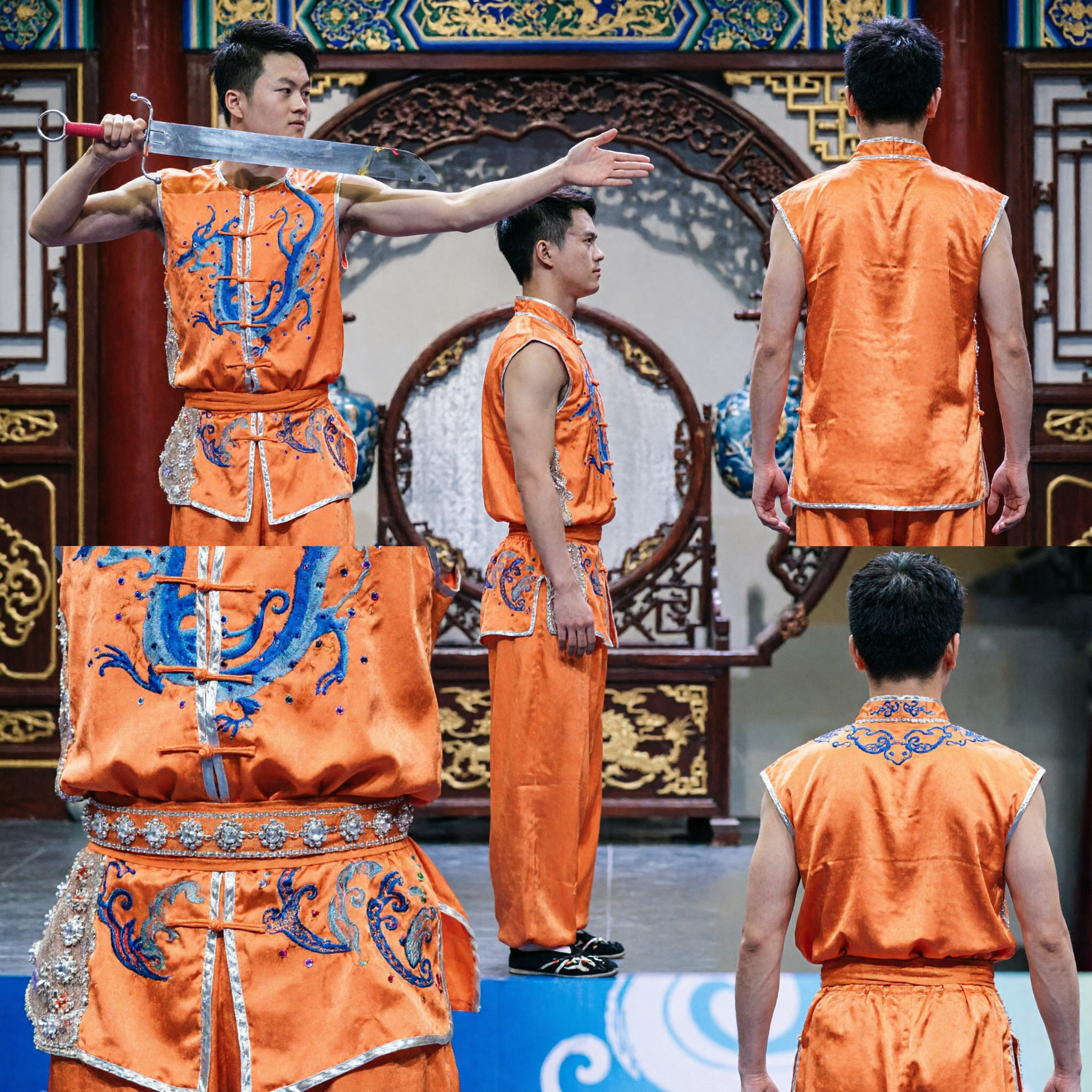 Men's Orange Dragon Embroidered Wushu Uniform Sleeveless Kung Fu Costume for Martial Arts Competition Performance