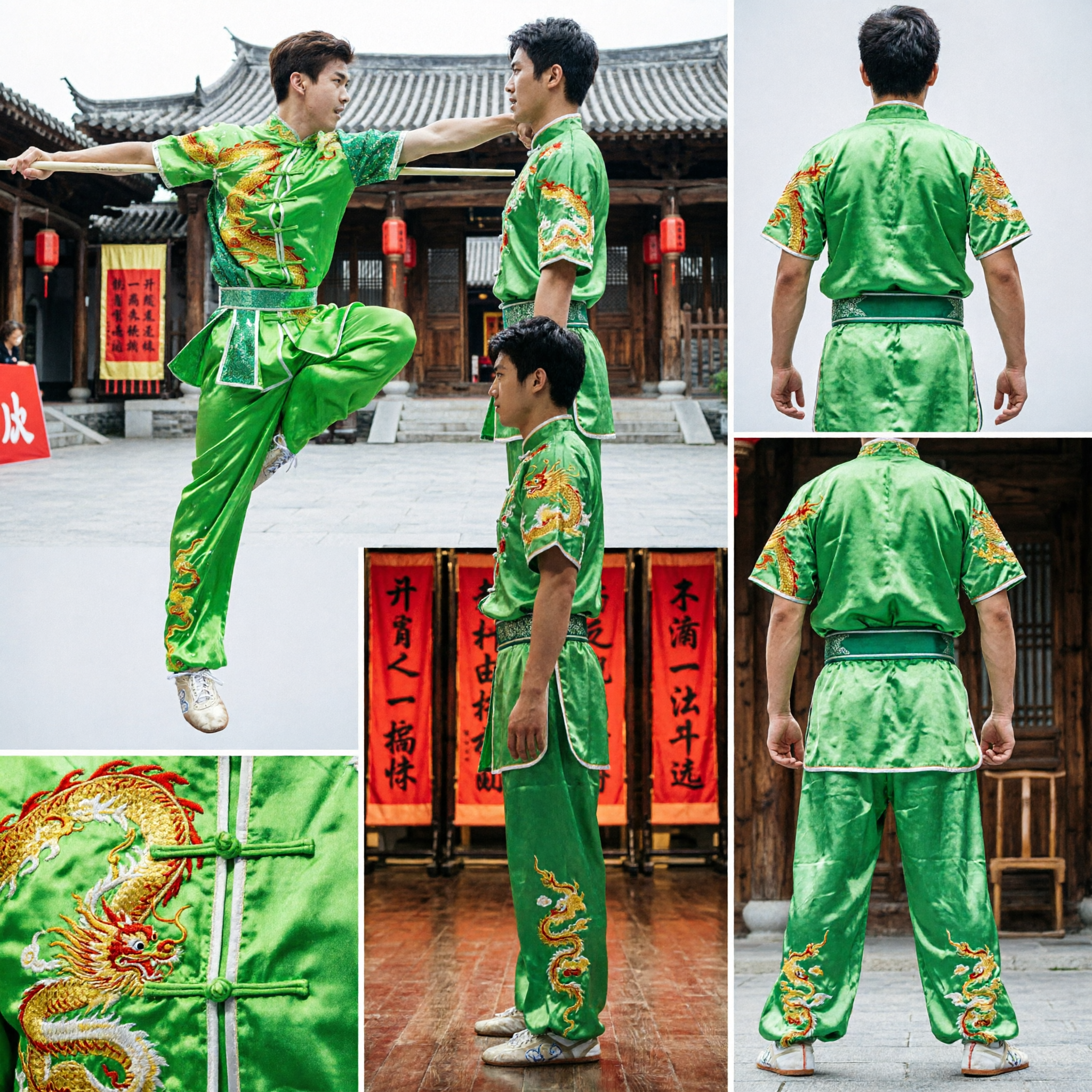 Men's Green Dragon Embroidery Kung Fu Uniform Traditional Wushu Martial Arts Performance Costume Competition Set