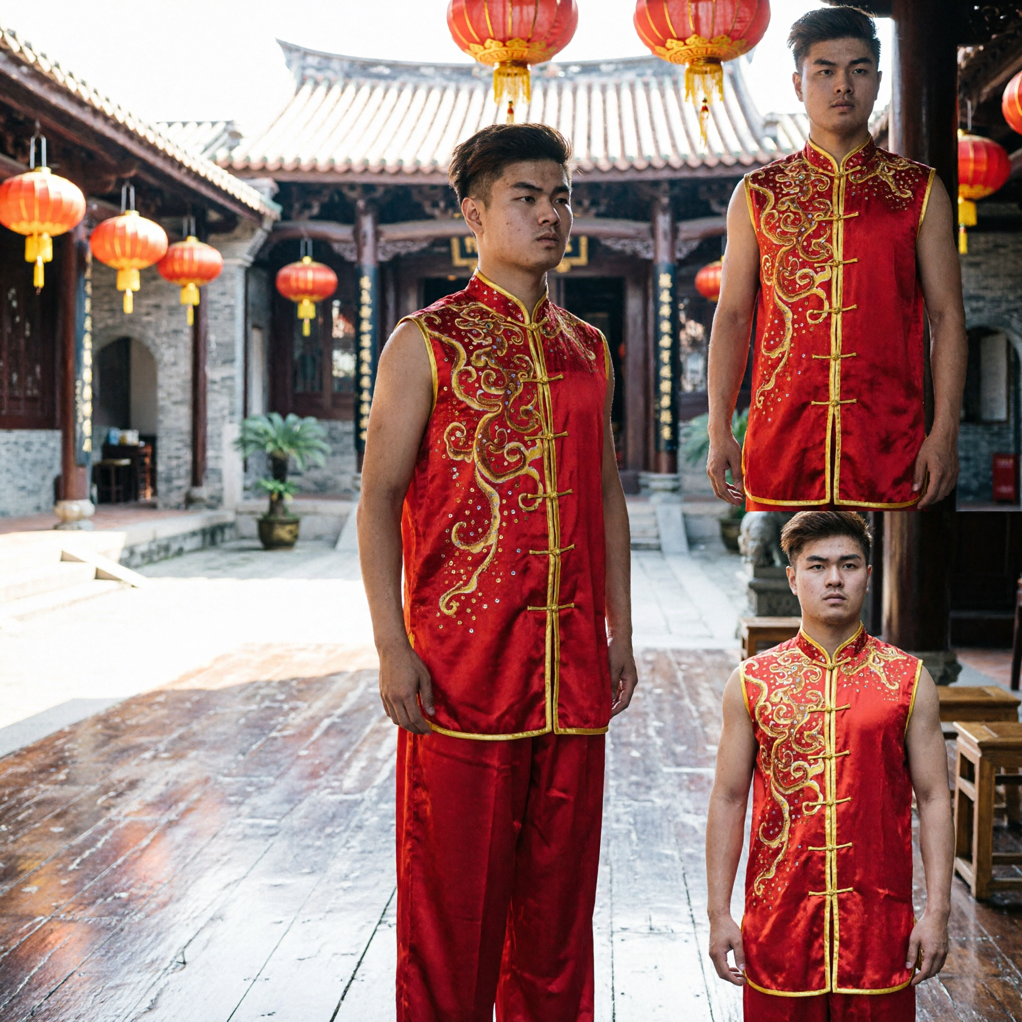 Professional Red Wushu Uniform Men Sleeveless Kung Fu Suit with Gold Dragon Embroidery for Martial Arts Competition