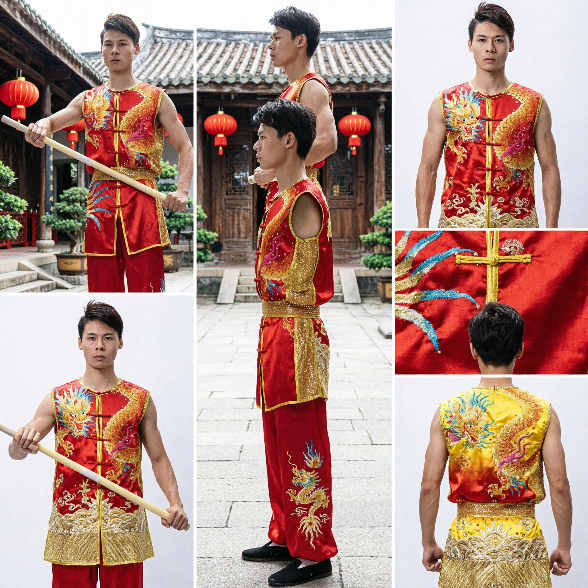 Traditional Men's Red Dragon Embroidery Wushu Kung Fu Uniform Sleeveless Martial Arts Competition Costume