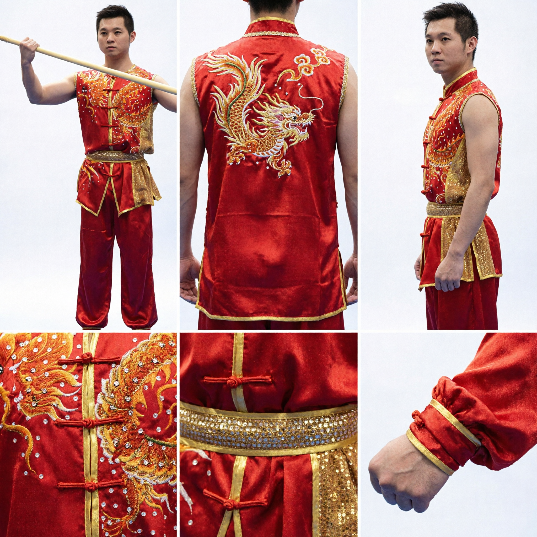 Men's Red Dragon Embroidered Wushu Competition Uniform Sleeveless Traditional Kung Fu Martial Arts Performance Costume