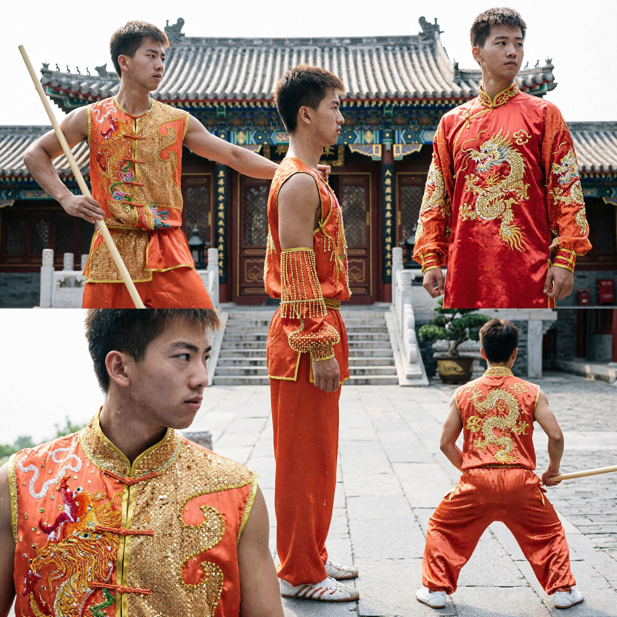 Men's Orange Dragon Embroidery Kung Fu Uniform Sleeveless Wushu Competition Costume for Martial Arts Performance