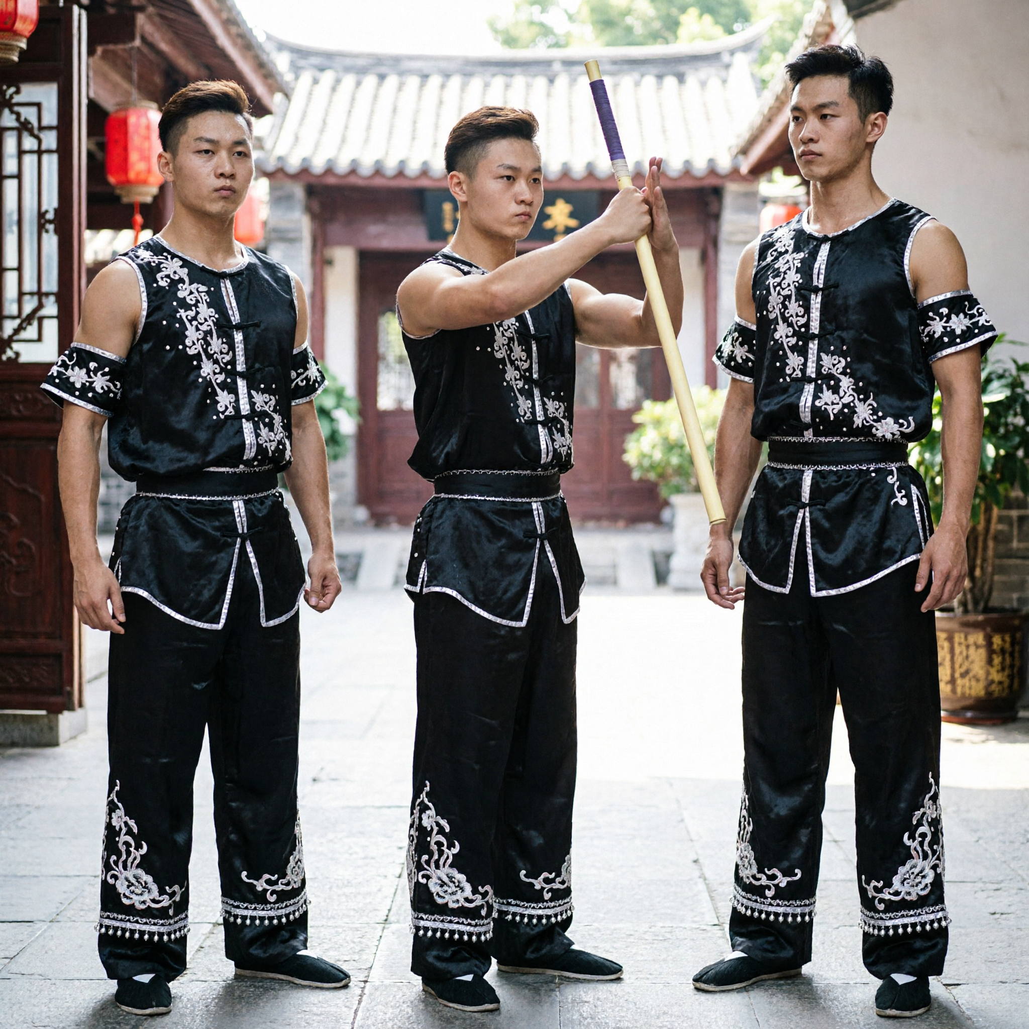 Men's Black Sleeveless Wushu Kung Fu Uniform Set with Silver Embroidery for Competition and Performance