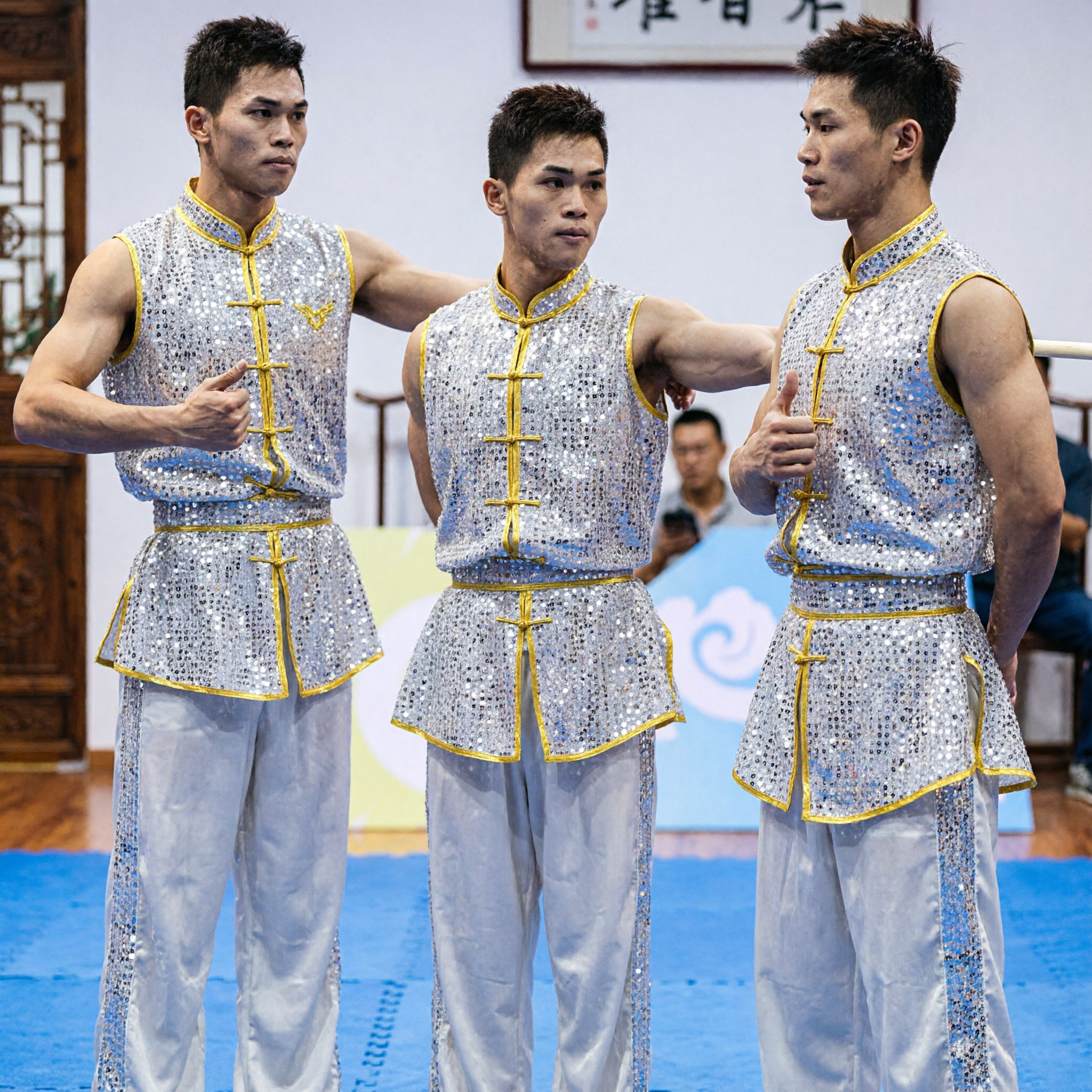 Men's Traditional Wushu Kung Fu Uniform Silver Sequin Sleeveless Top Competition Costume for Martial Arts Performance