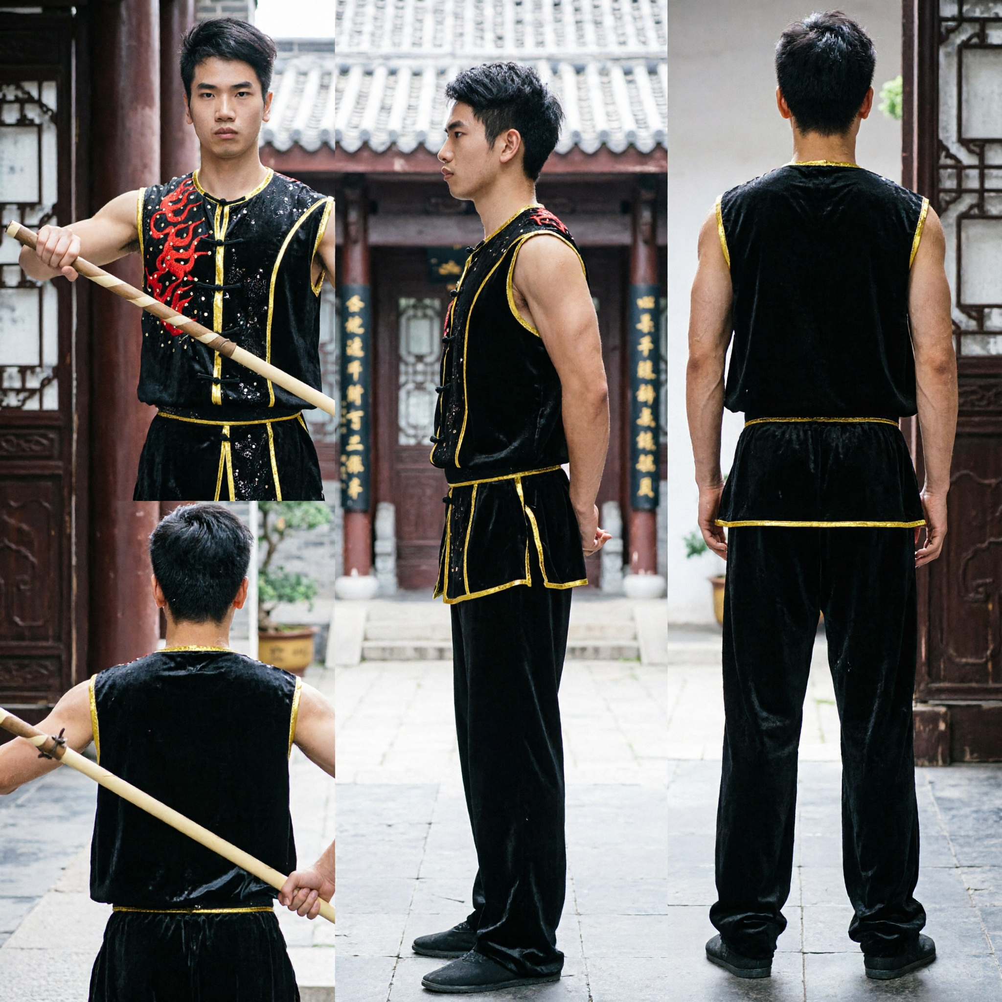 Men's Black Sleeveless Wushu Kung Fu Uniform with Red Dragon Embroidery for Competition Performance