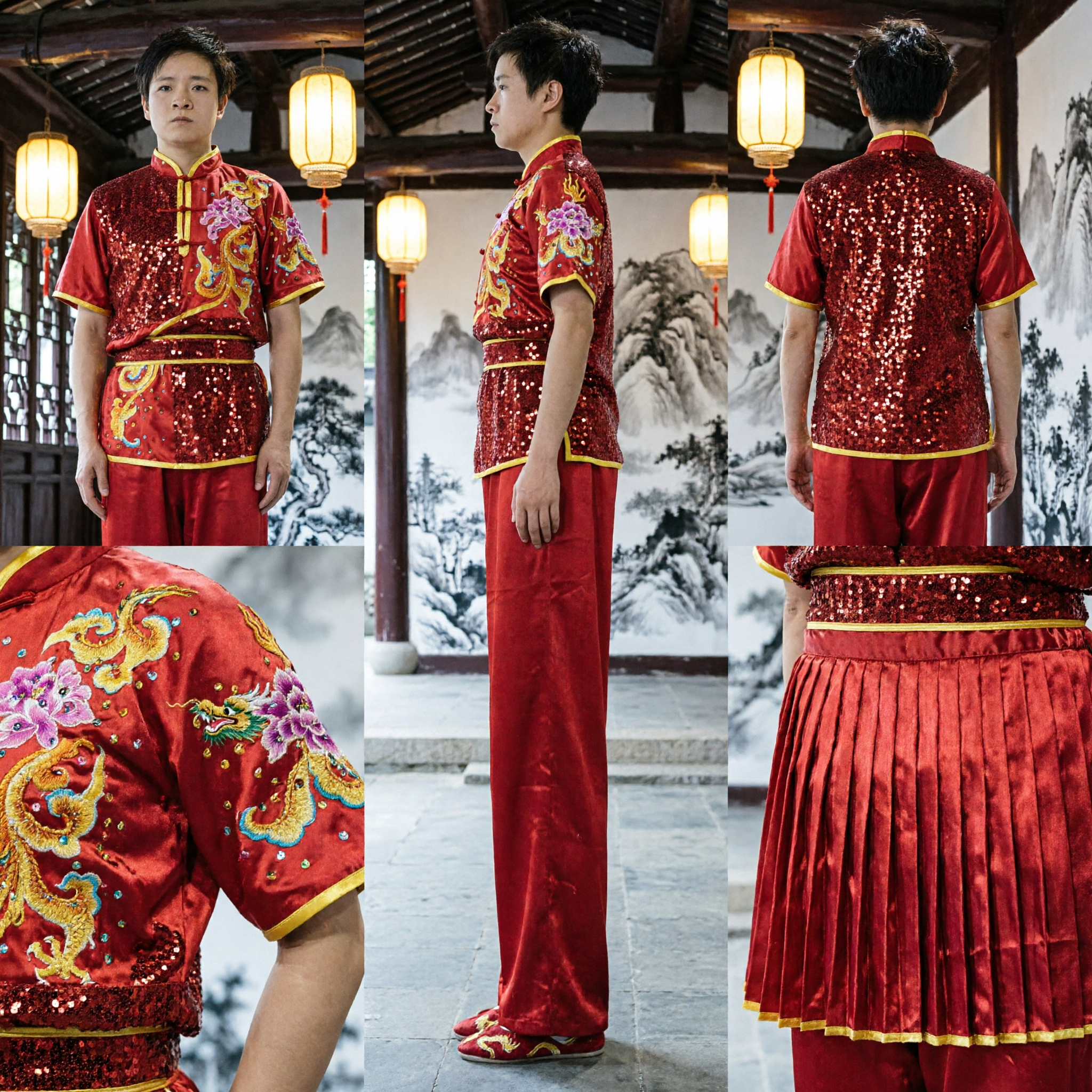 Professional Red Dragon Embroidery Chinese Martial Arts Wushu Kung Fu Performance Uniform Costume for Competition