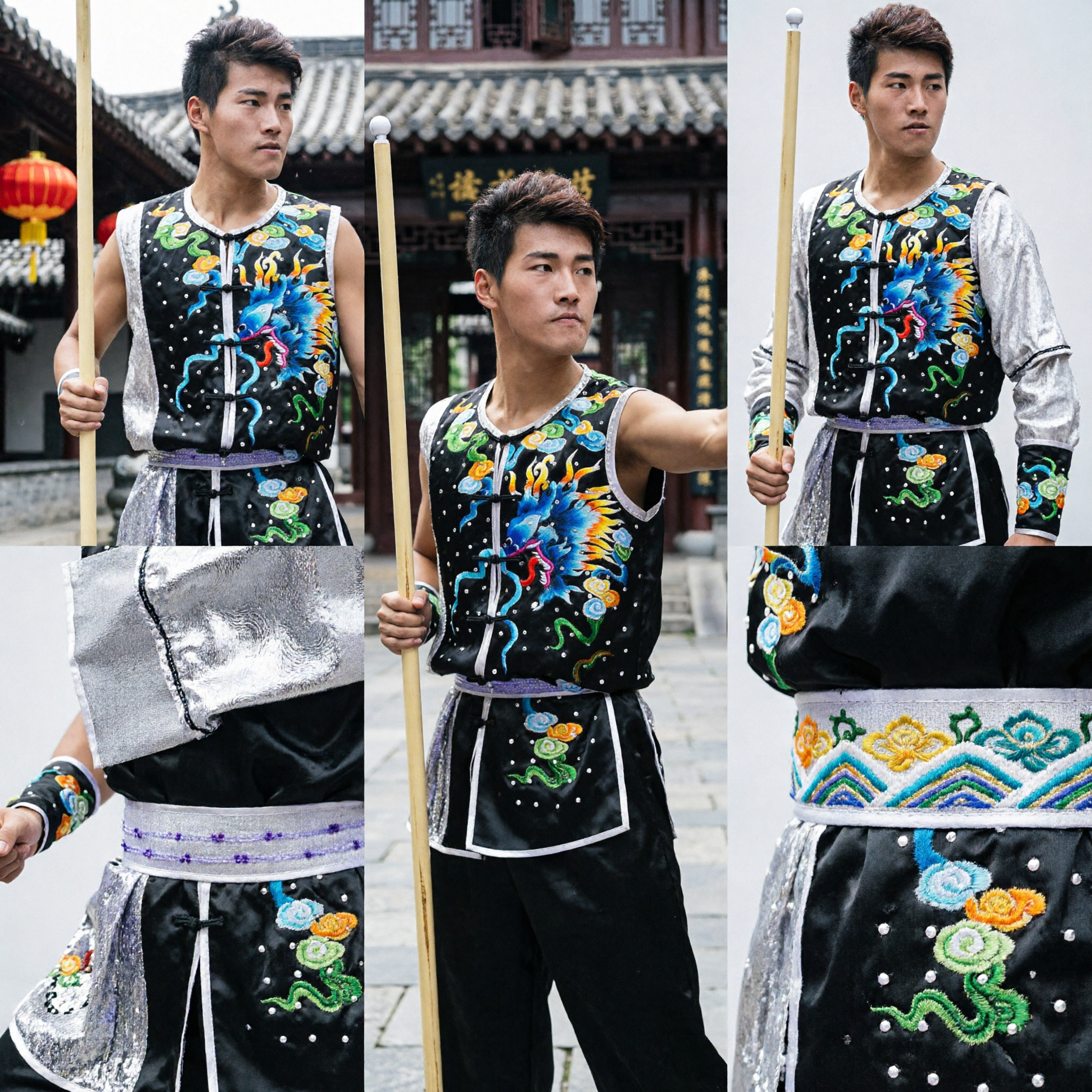 Professional Men's Wushu Competition Uniform Black Sleeveless Dragon Embroidery Kung Fu Costume for Martial Arts Performance