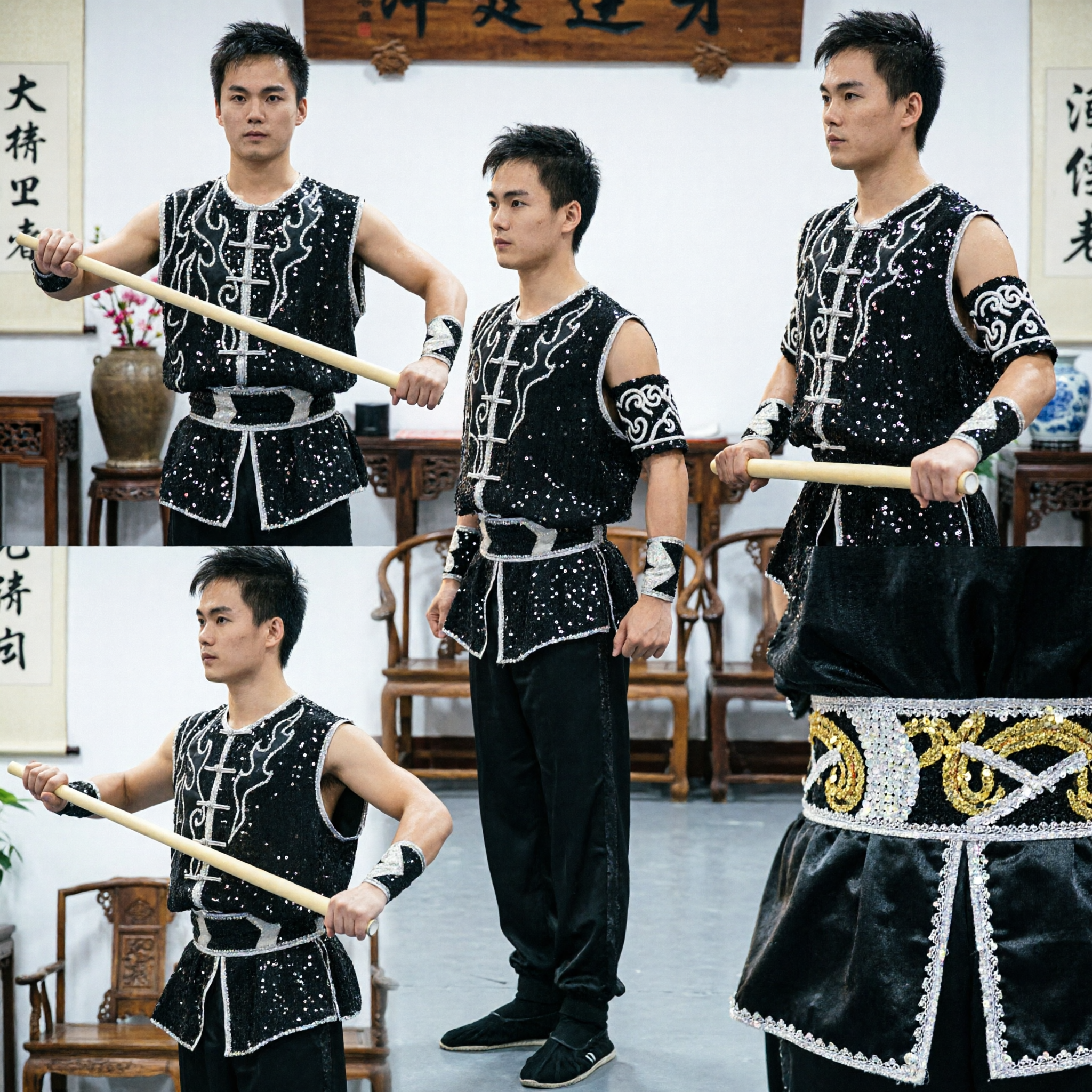 Men's Black Sequin Wushu Uniform Traditional Kung Fu Martial Arts Competition Costume for Staff Performance