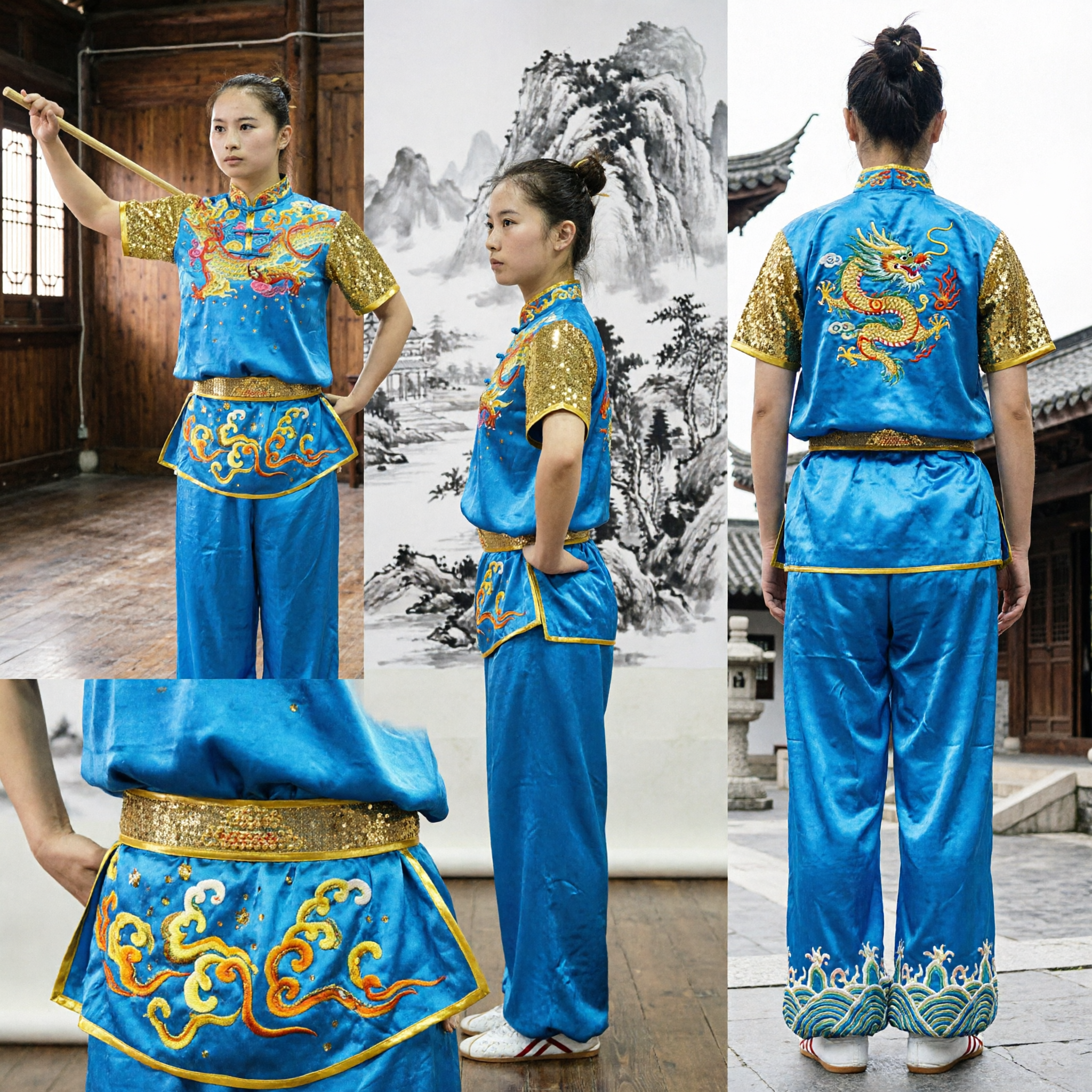 Professional Blue Wushu Changquan Uniform for Women with Gold Dragon Embroidery and Sequin Sleeves for Martial Arts
