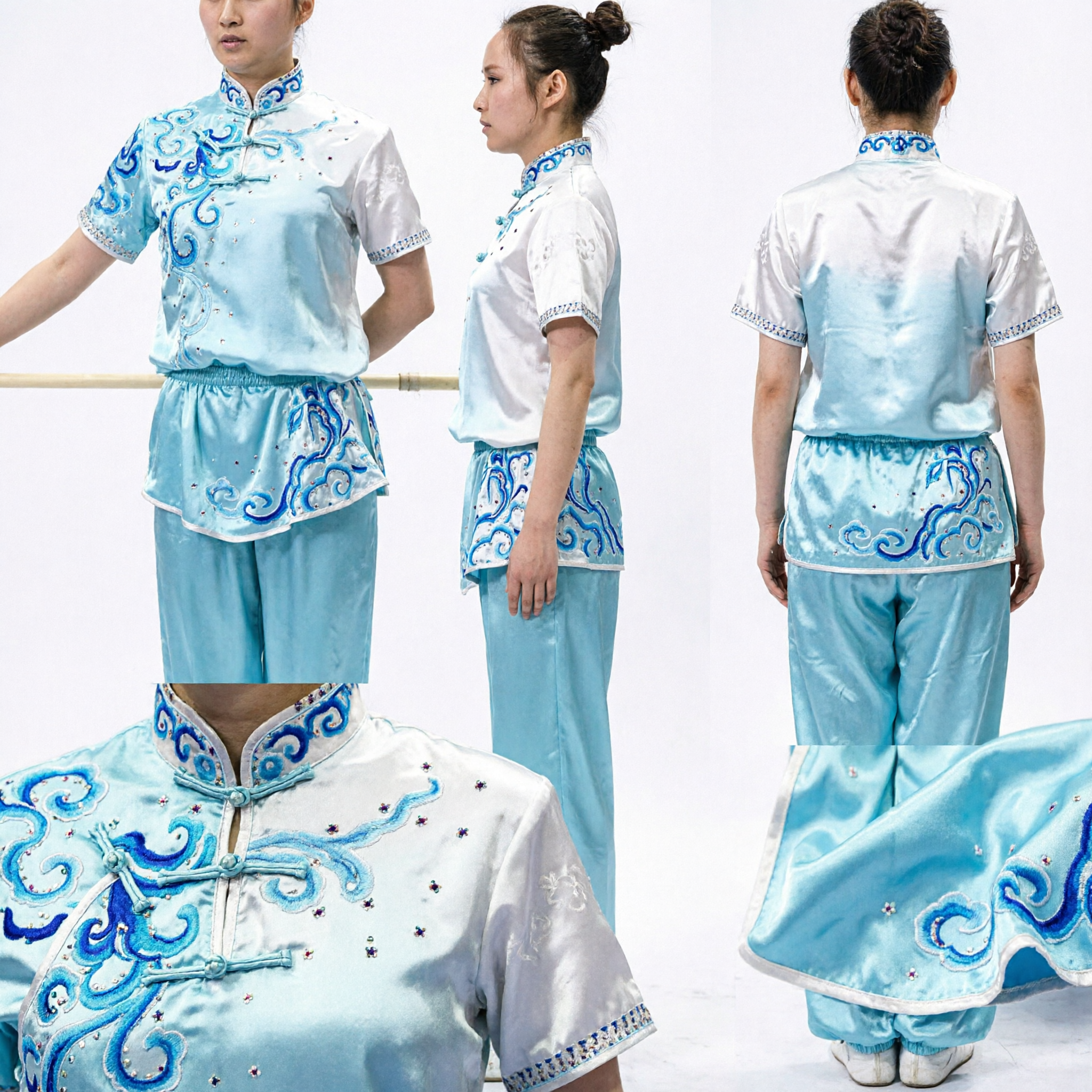 Professional Women's Wushu Competition Uniform Traditional Chinese Kung Fu Changquan Suit with Blue Gradient Embroidery