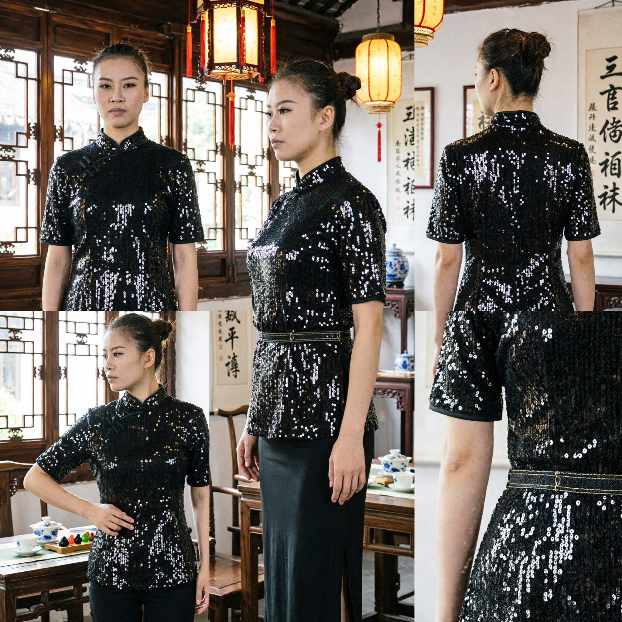 Women's Black Sequined Martial Arts Uniform Top for Professional Wushu Kung Fu Competition Performance