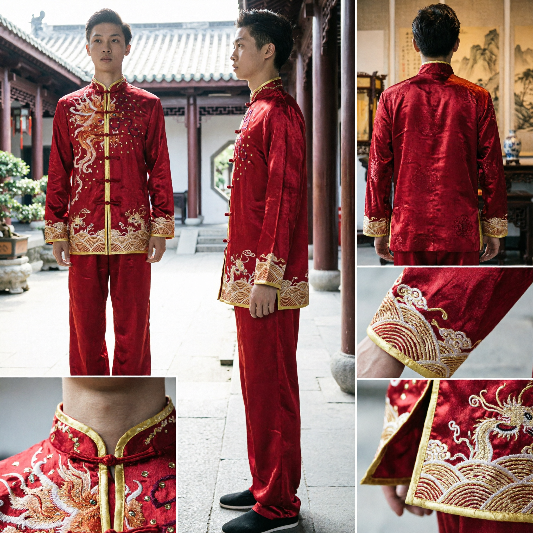 Men's Red Chinese Kung Fu Uniform with Gold Dragon Embroidery for Wushu Martial Arts Competition Performance