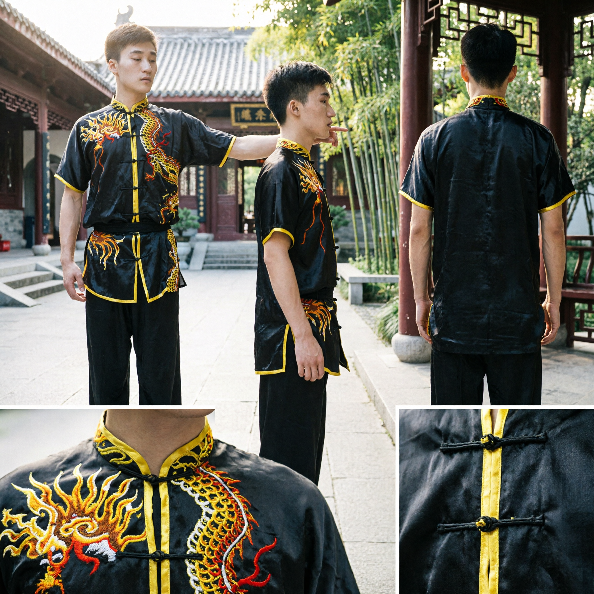Men's Black Kung Fu Uniform Dragon Embroidery Traditional Chinese Martial Arts Wushu Tai Chi Top and Pants Set