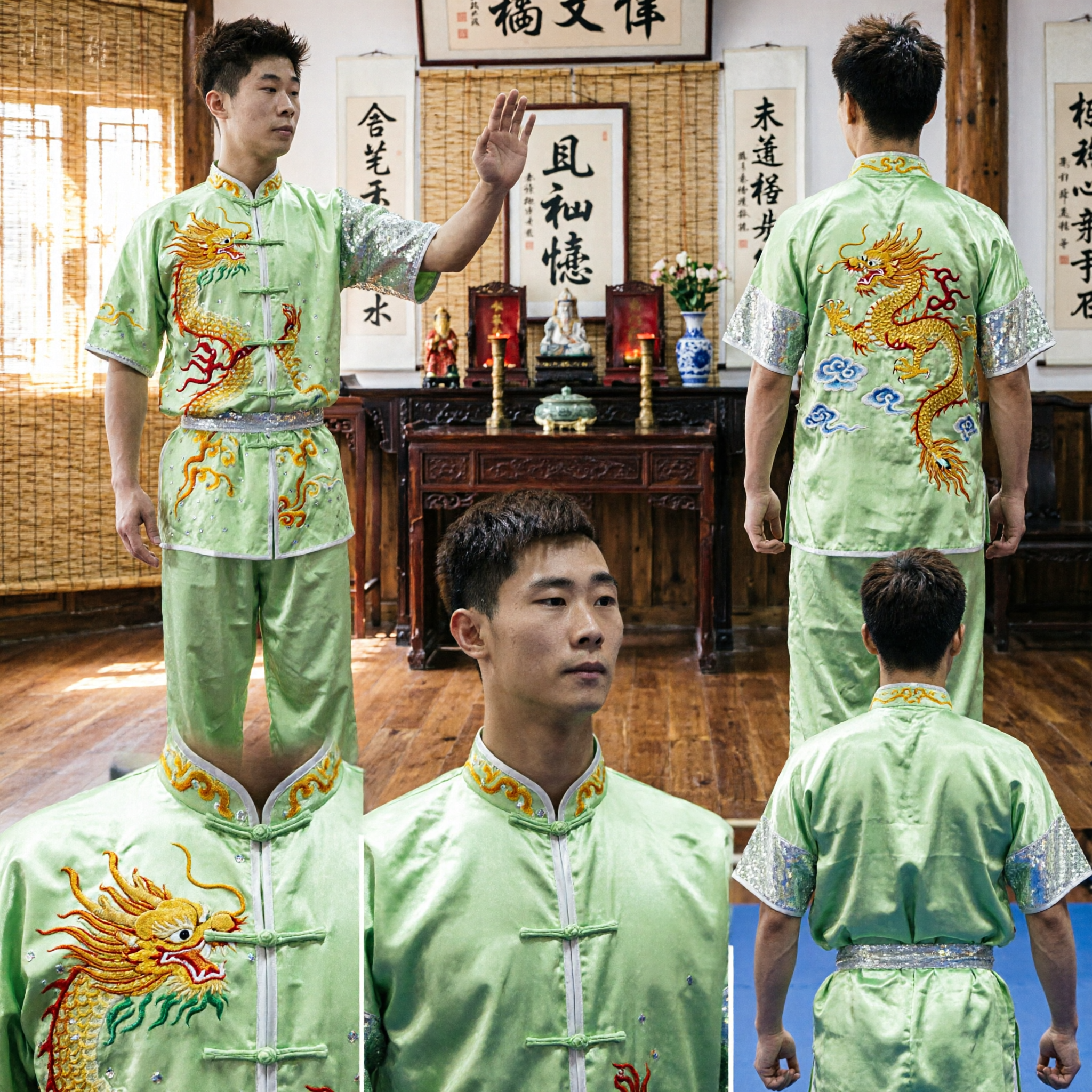 Men's Light Green Dragon Embroidery Wushu Kung Fu Uniform Set for Martial Arts Competition Performance