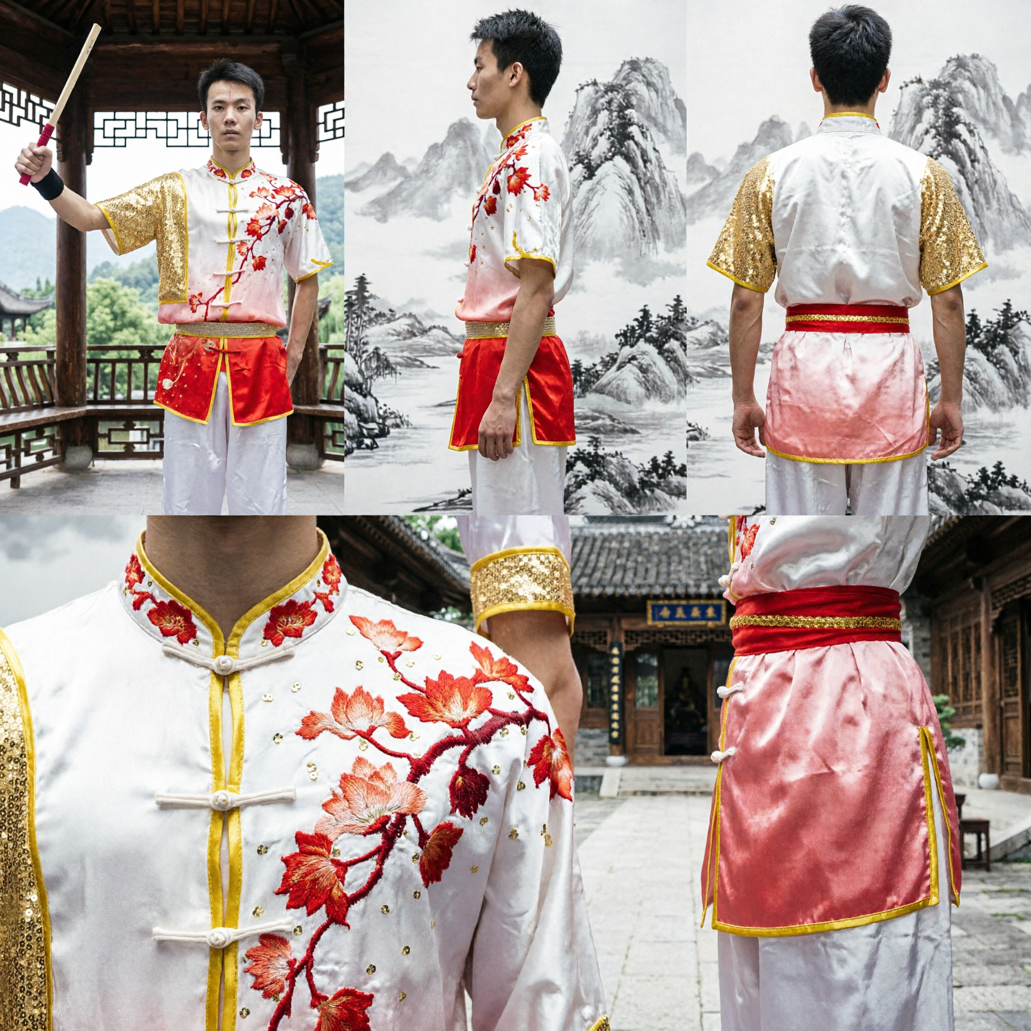 Men's Traditional Chinese Wushu Kung Fu Uniform Gold Sequin Sleeve Floral Print Martial Arts Performance Costume
